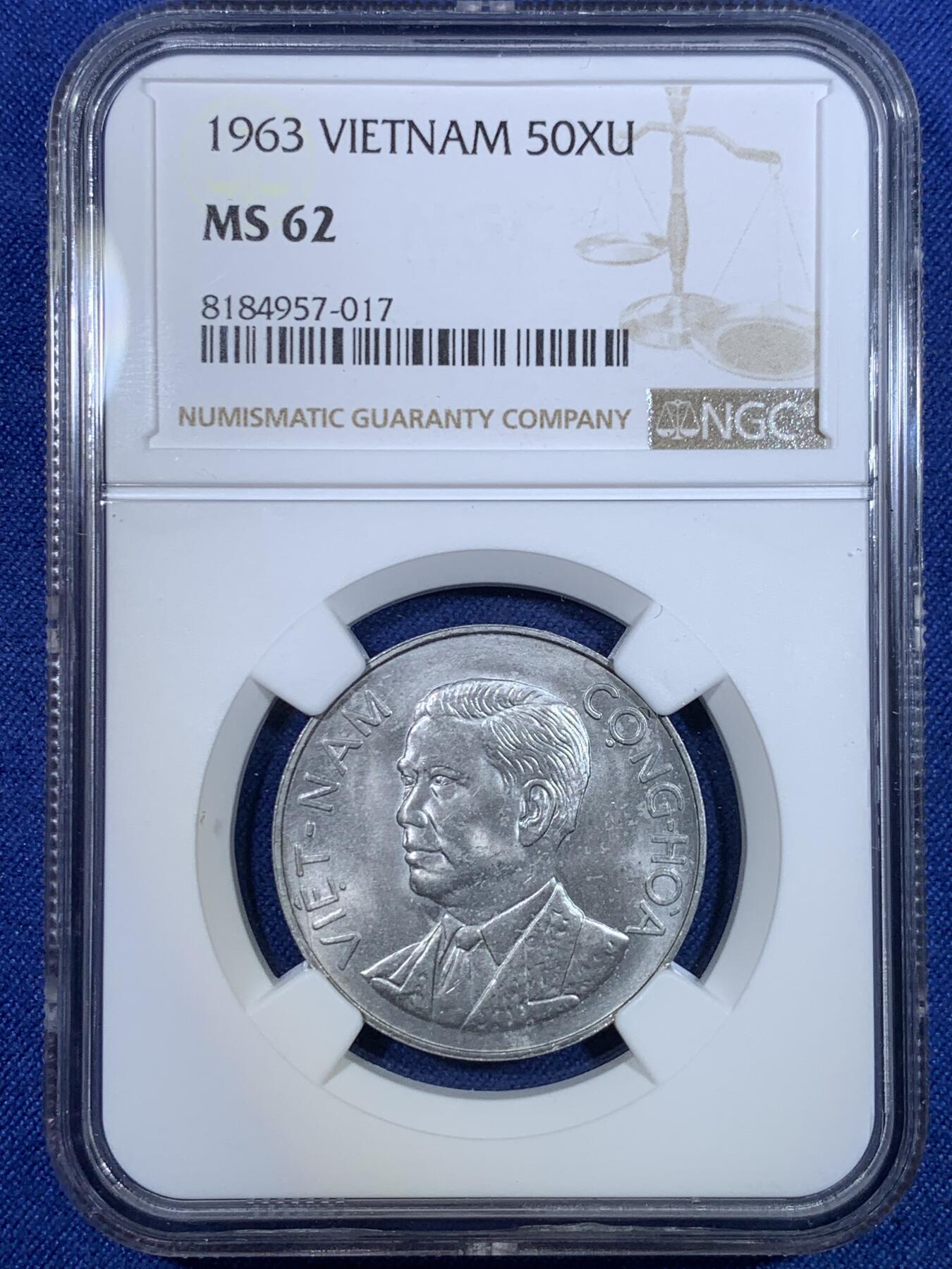 《竞宝斋》第297场- 周日，周一  2场连拍 （全场包邮） NGC MS62 1963越南50Xu 热门品种 吴庭艳头像 好品铝币少见