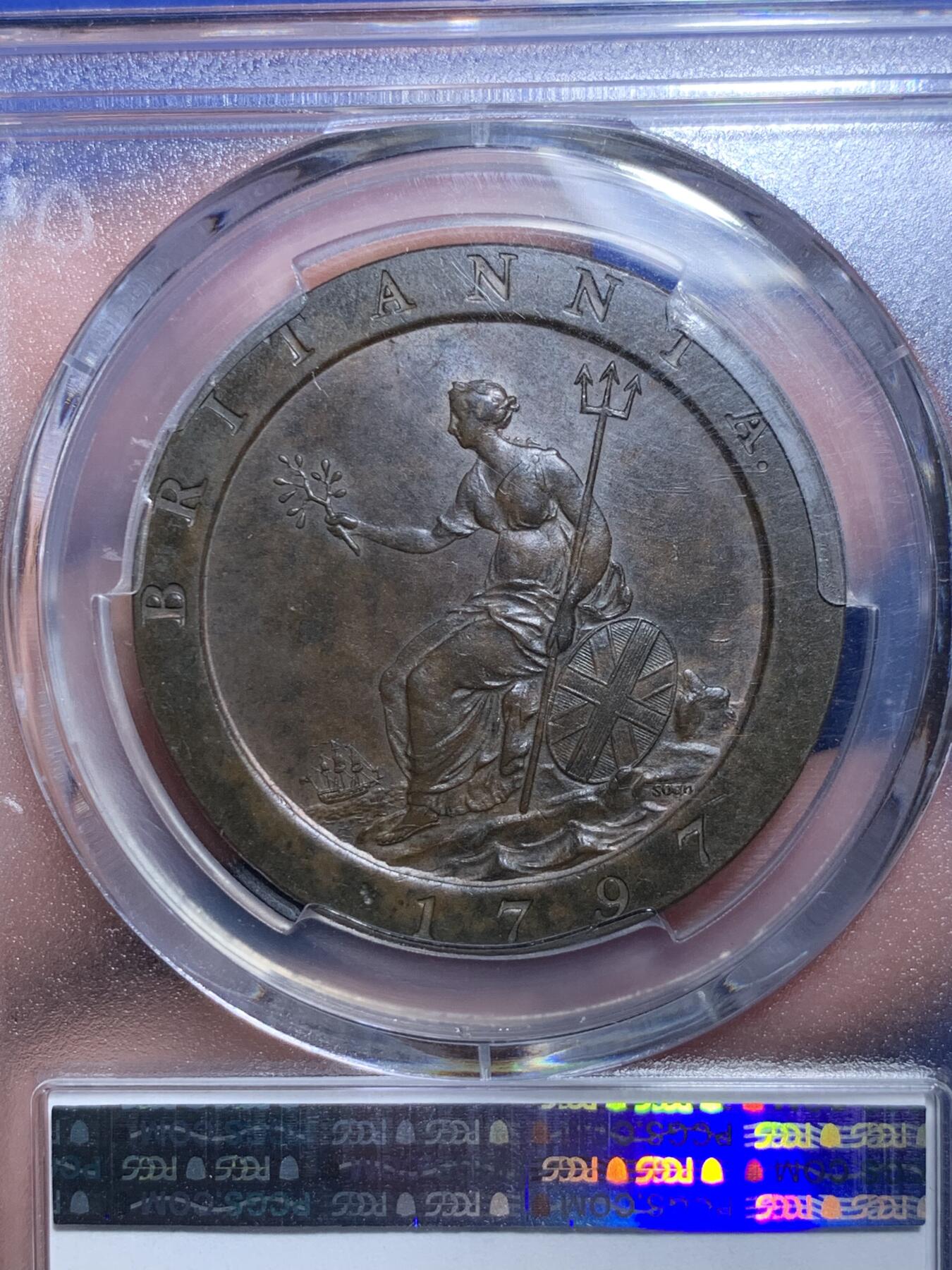 《竞宝斋》第297场- 周日，周一  2场连拍 （全场包邮） PCGS MS62BN 英国 1797年 1便士铜币（SOHO厂小车轮便士，十叶稀有版别，工业革命的经典之作，历史上第一批真正意义的机制币）