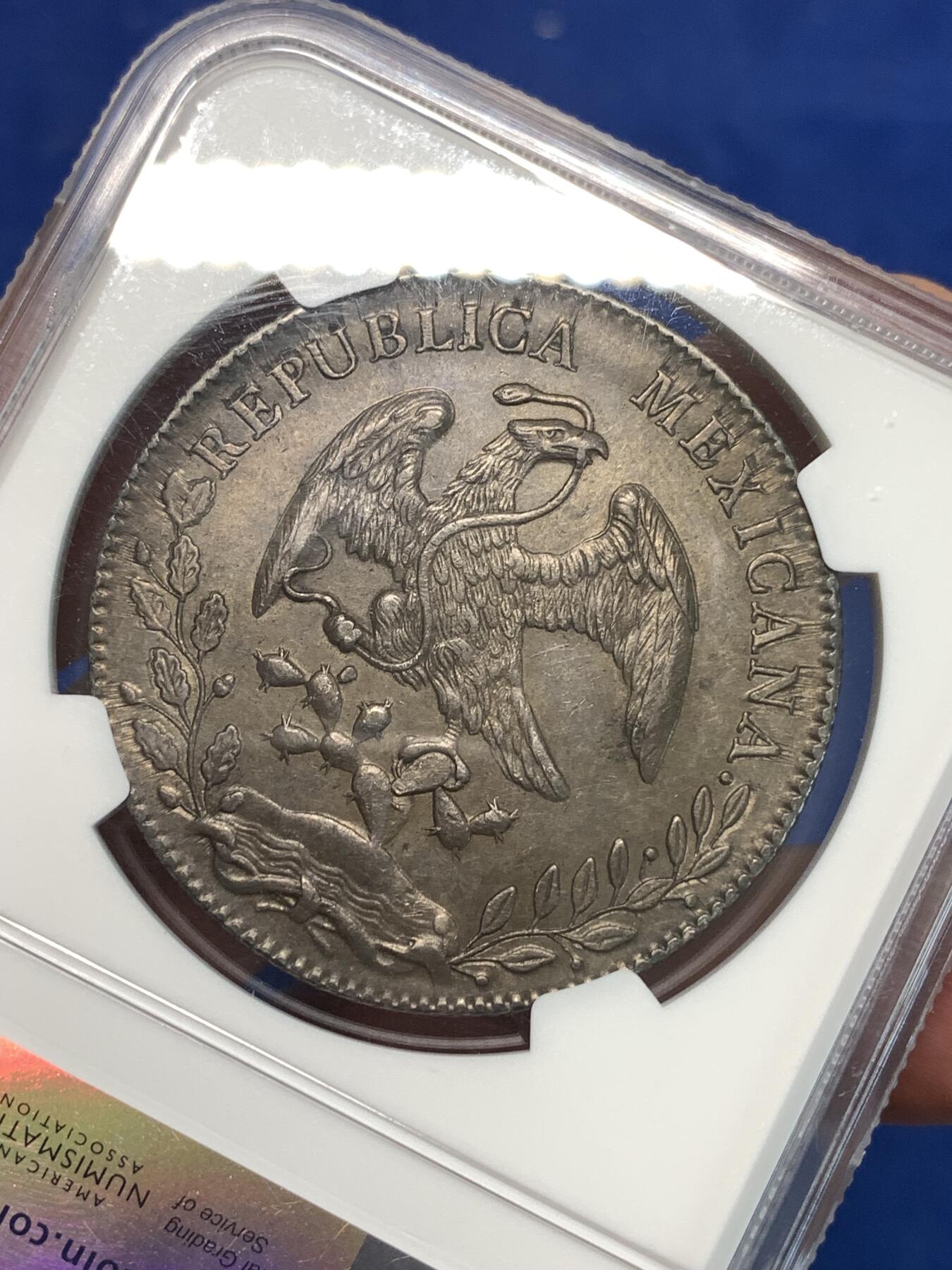 《竞宝斋》第297场- 周日，周一  2场连拍 （全场包邮） NGC AUD 1896年墨西哥鹰洋银币 五彩炫黑老包浆，味道极好，NGC错杀，厂标也很少见