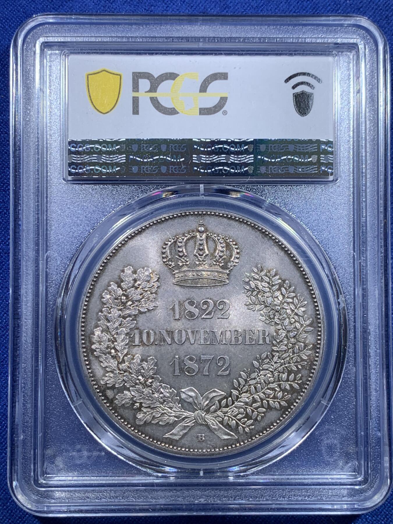 《竞宝斋》第297场- 周日，周一  2场连拍 （全场包邮） PCGS MS64 德国1872年萨克森金婚纪念2泰勒银币