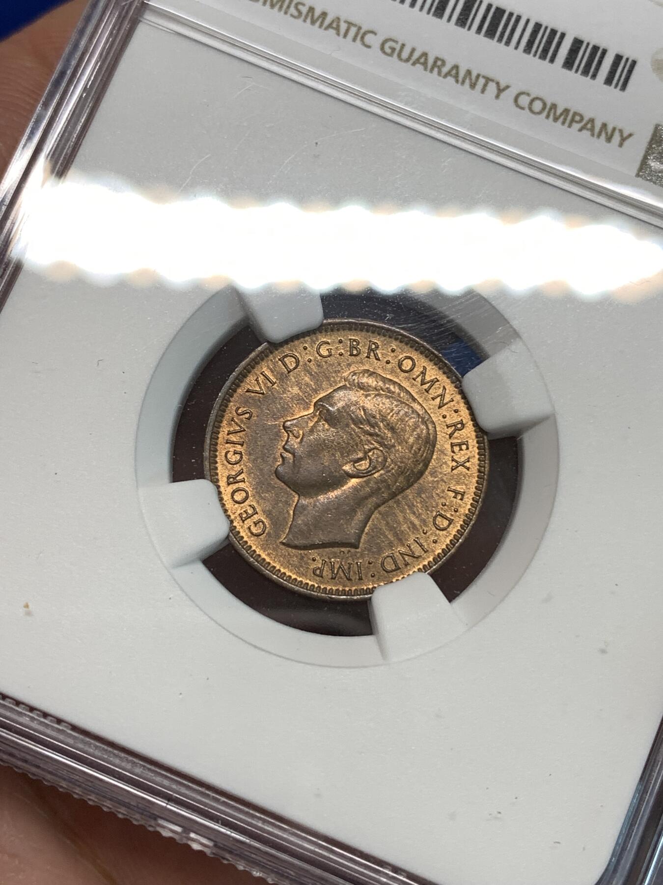《竞宝斋》第297场- 周日，周一  2场连拍 （全场包邮） NGC MS64RB 英国1948年乔六1/4便士小鸟铜币