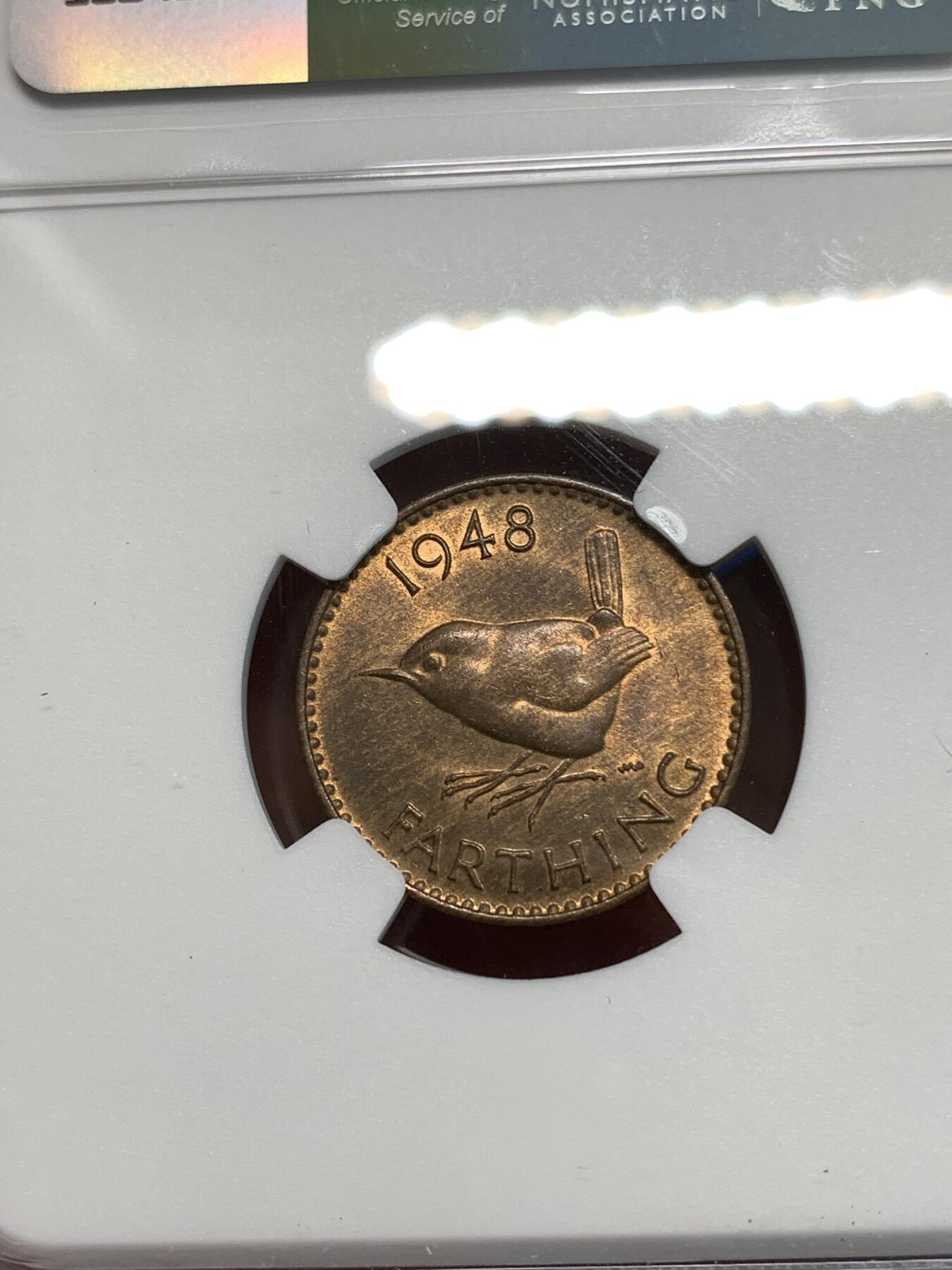 《竞宝斋》第297场- 周日，周一  2场连拍 （全场包邮） NGC MS64RB 英国1948年乔六1/4便士小鸟铜币