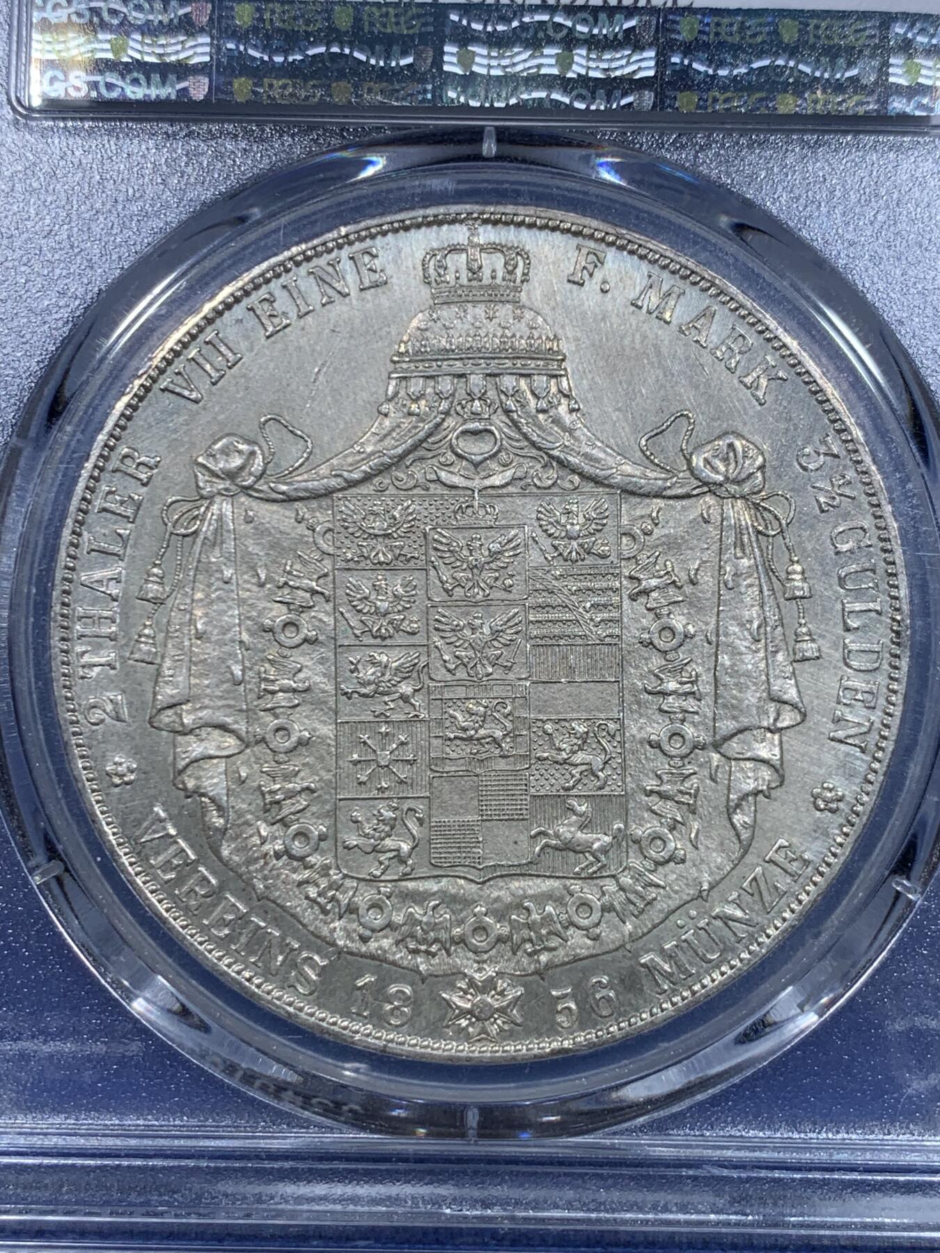 《竞宝斋》第297场- 周日，周一  2场连拍 （全场包邮） PCGS UNC 1856年普鲁士威廉四世洋葱头2泰勒银币 40mm 37g大银币 盾徽铸造精美图案精细 适合收一个凑品种