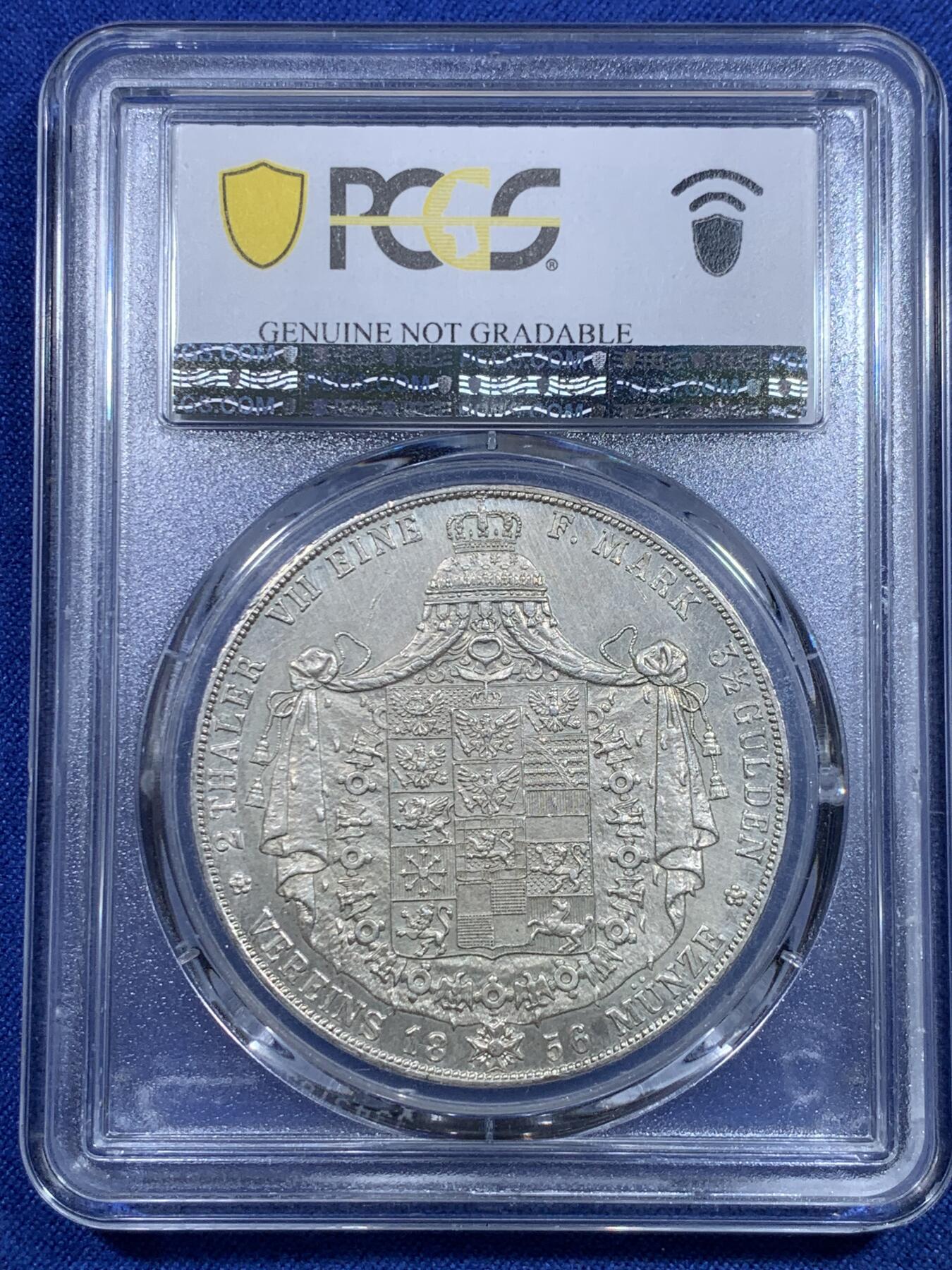 《竞宝斋》第297场- 周日，周一  2场连拍 （全场包邮） PCGS UNC 1856年普鲁士威廉四世洋葱头2泰勒银币 40mm 37g大银币 盾徽铸造精美图案精细 适合收一个凑品种