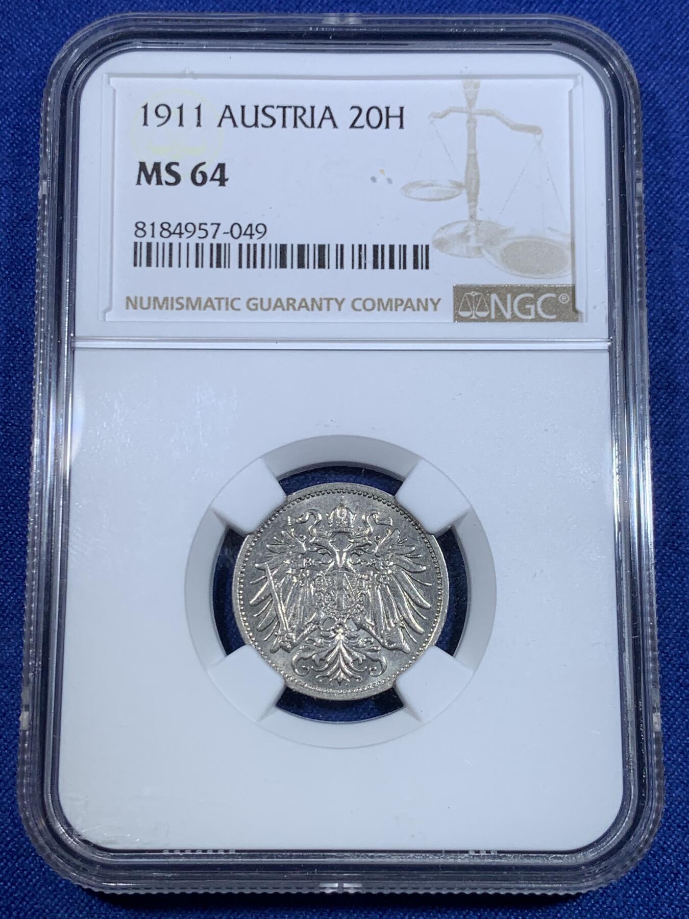 《竞宝斋》第297场- 周日，周一  2场连拍 （全场包邮） NGC MS64 1911奥地利20赫勒 少见的小面值品种 流通充分 高分辅币非常稀少 两面细节都很犀利