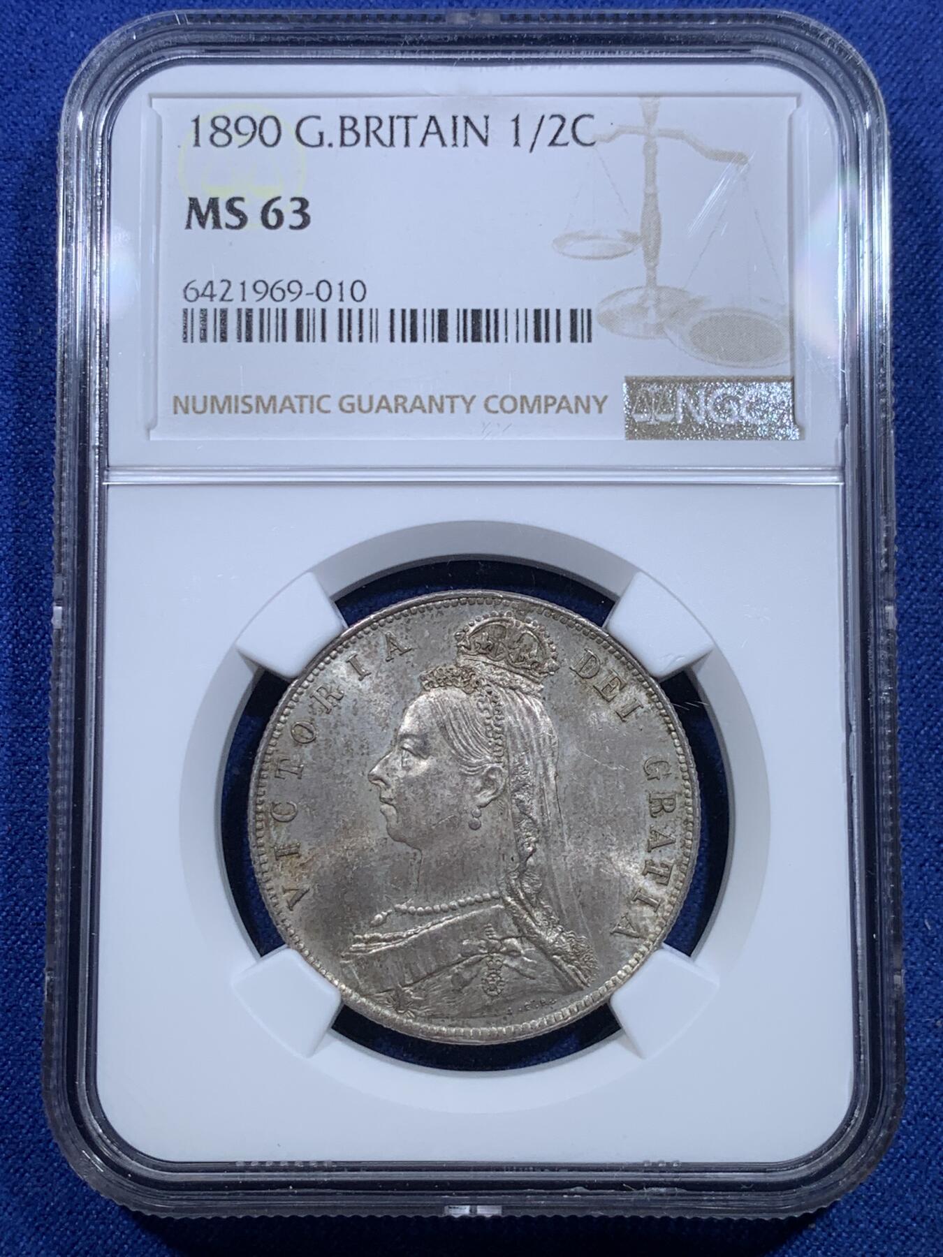 《竞宝斋》第297场- 周日，周一  2场连拍 （全场包邮） NGC MS63 英国 1890年 半克朗 维多利亚 银币 原味包浆