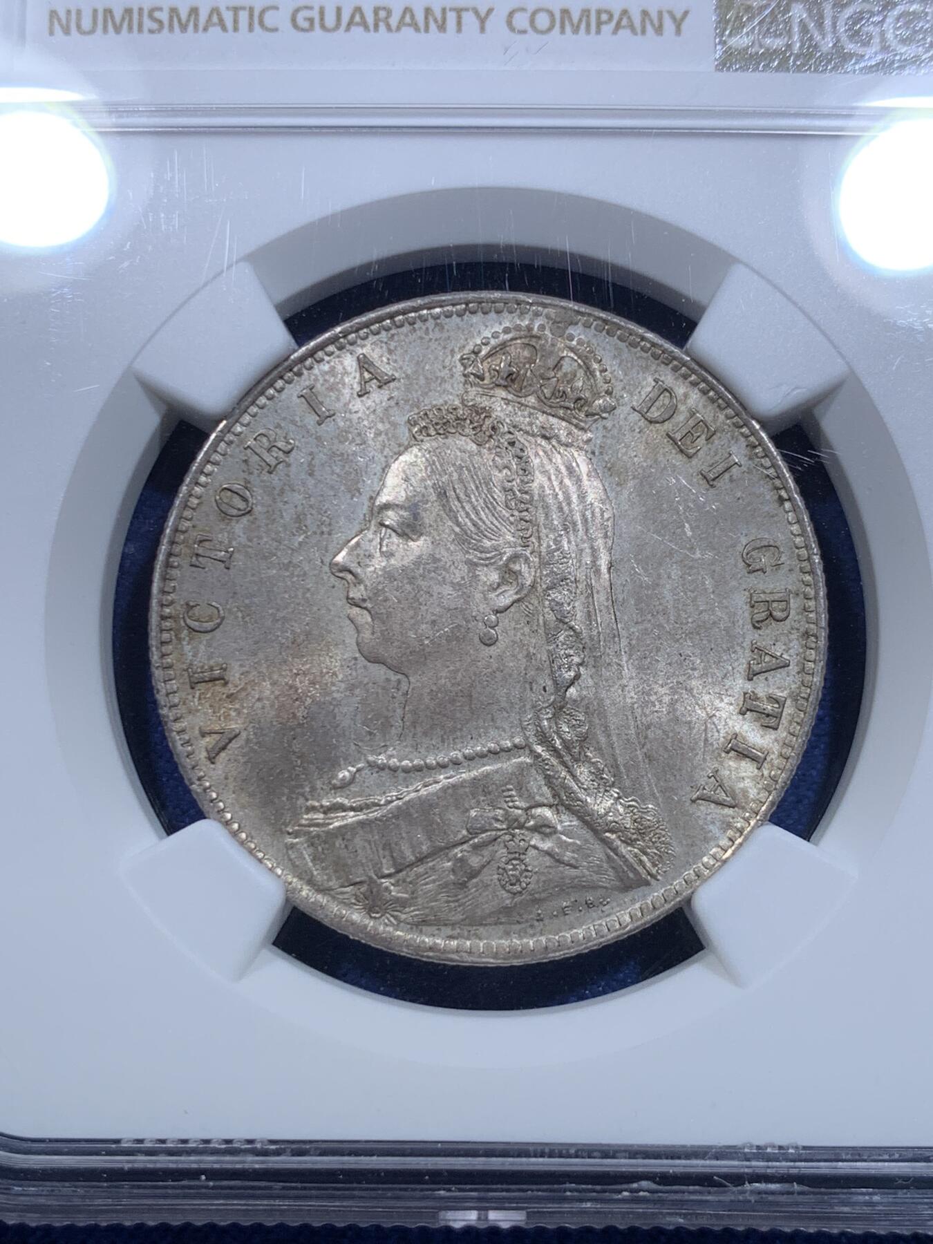 《竞宝斋》第297场- 周日，周一  2场连拍 （全场包邮） NGC MS63 英国 1890年 半克朗 维多利亚 银币 原味包浆