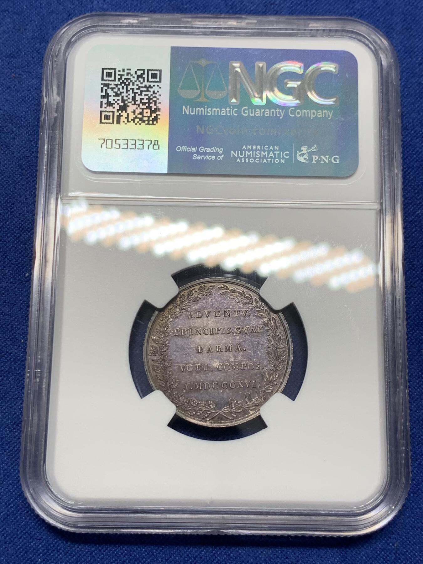 《竞宝斋》第297场- 周日，周一  2场连拍 （全场包邮） NGC MS63 意大利1816 拿破仑皇后露易丝银章 紫罗兰包浆 非常少见的品种