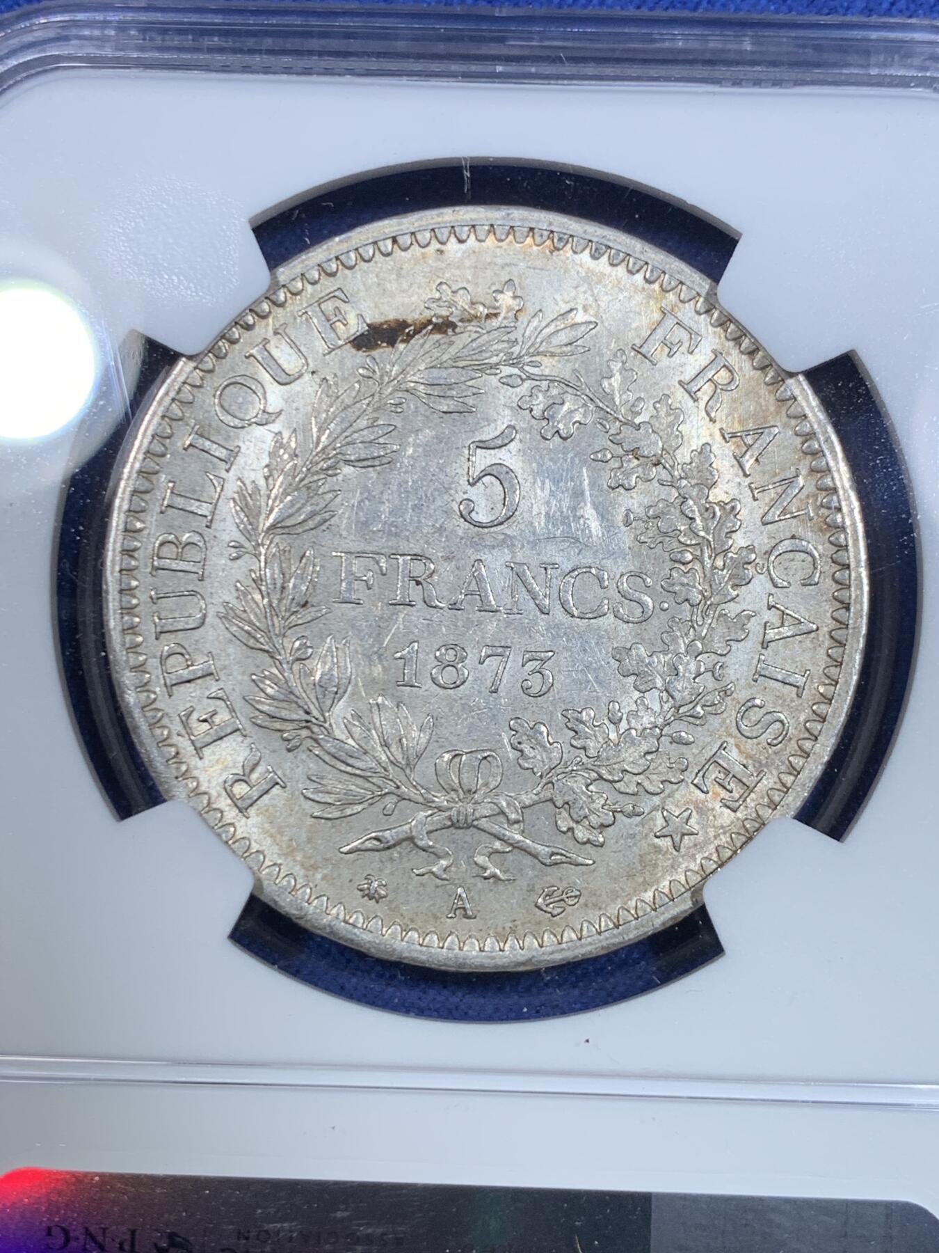 《竞宝斋》第297场- 周日，周一  2场连拍 （全场包邮） NGC MS62 法国1873年大力神5法郎