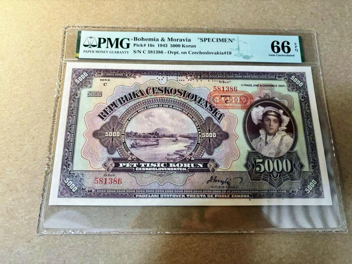 【Blue Auction】✨世界纸币精拍第526期【精】 波西米亚 1943年5000克朗 PMG66EPQ 大票幅 ABNC雕刻精美 样钞 