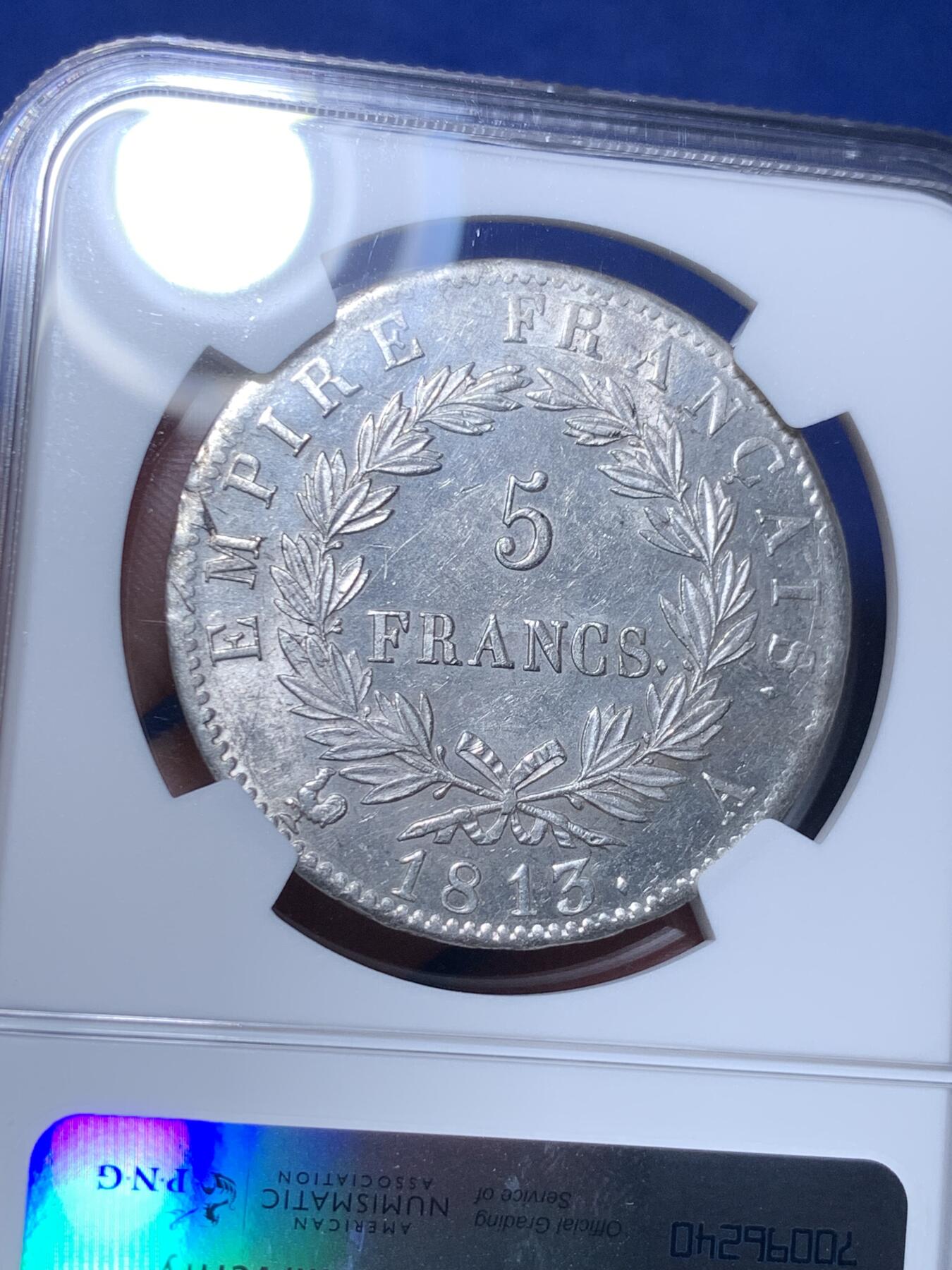 《竞宝斋》第297场- 周日，周一  2场连拍 （全场包邮） NGC UNC 1813年法国拿破仑皇帝5法郎大银币 后期少见年份， 观感佳