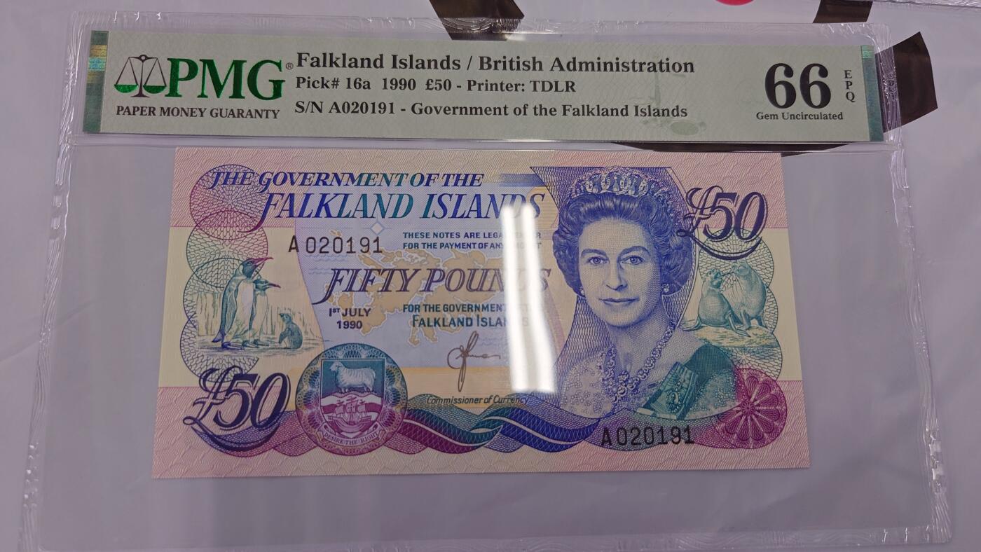 【世界钱币】精选微拍第128期暨2024年第39期  部分评级币，裸钞历史库存较低价起拍 1990年福克兰群岛50镑 全新绝品无47PMG66E 尾号191