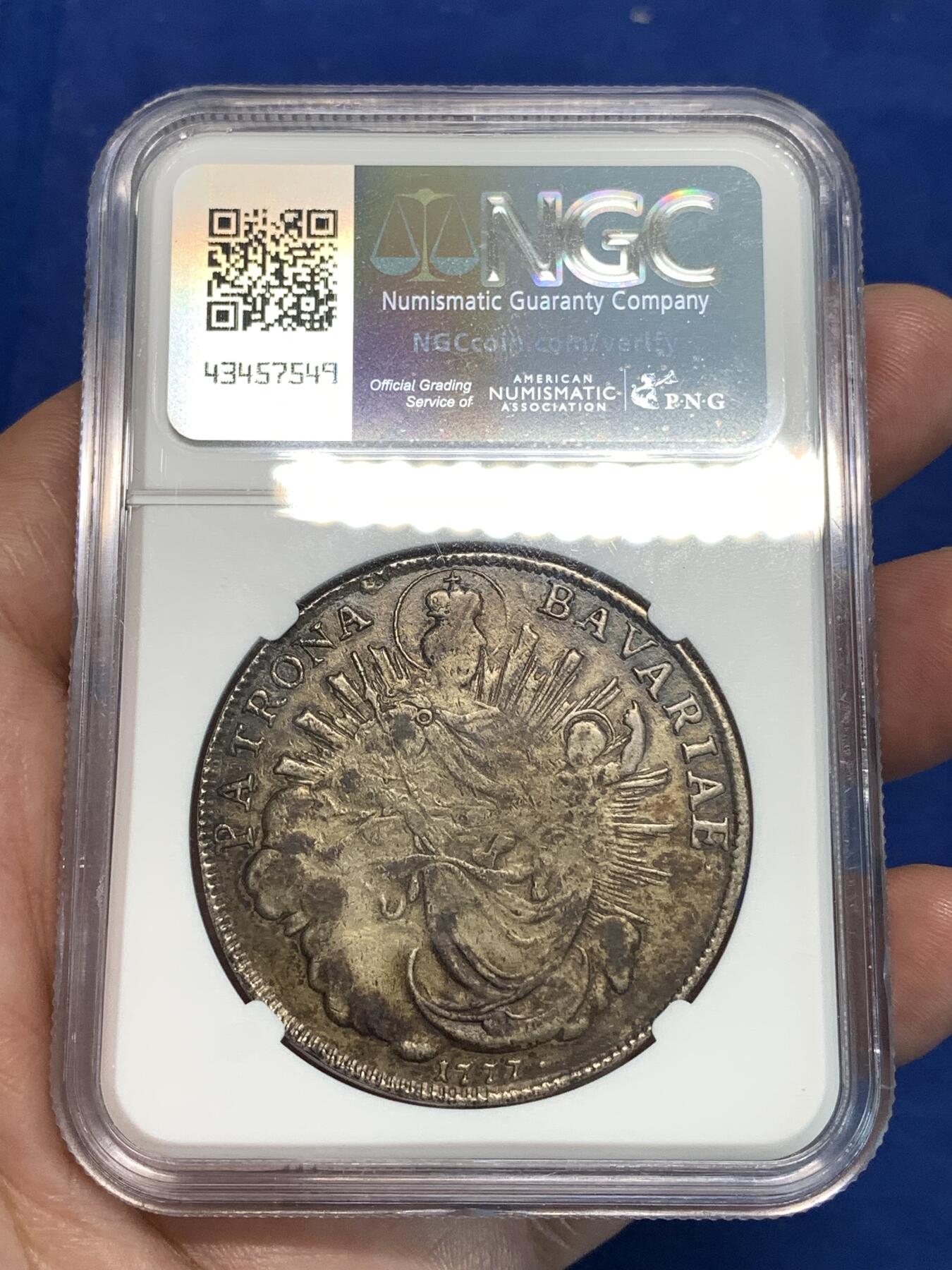 《竞宝斋》第297场- 周日，周一  2场连拍 （全场包邮） NGC VFD 德国巴伐利亚1777年圣母抱婴酱彩泰勒银币