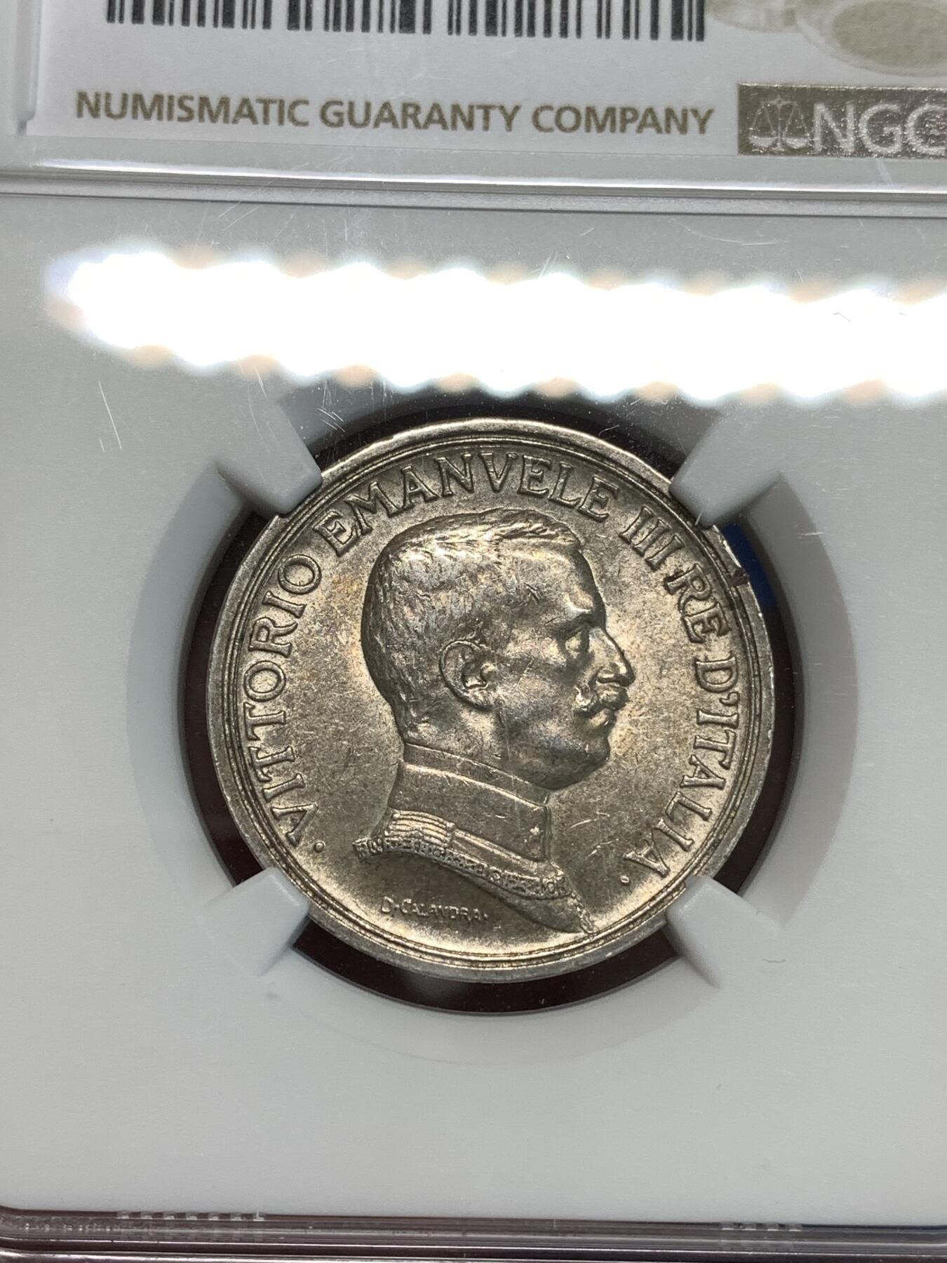 《竞宝斋》第297场- 周日，周一  2场连拍 （全场包邮） NGC AU58 意大利1915年马车2里拉银币