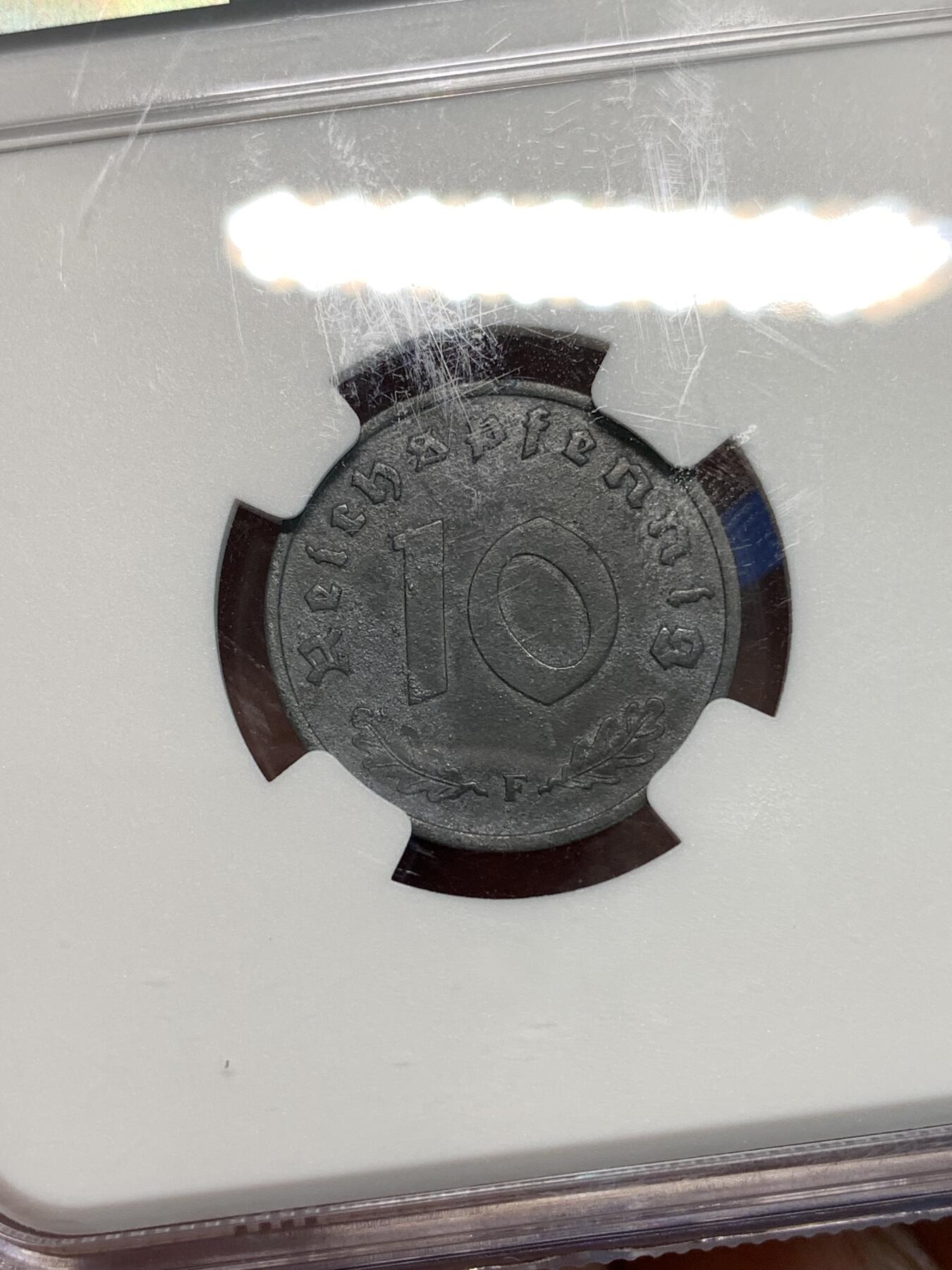 《竞宝斋》第297场- 周日，周一  2场连拍 （全场包邮） NGC AUD 德国盟军占领时期1948年F厂铅锌币拔毛鹰
