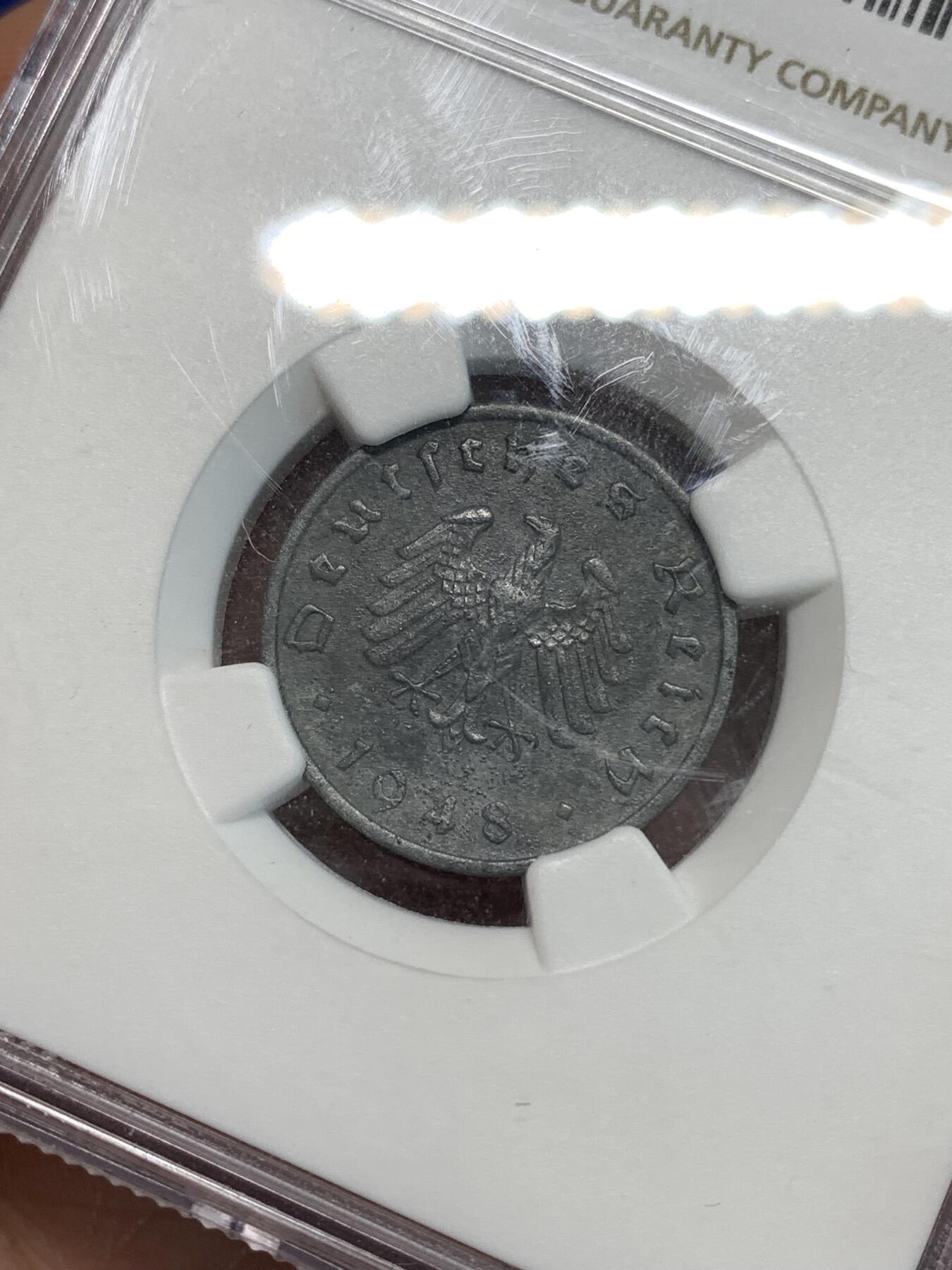 《竞宝斋》第297场- 周日，周一  2场连拍 （全场包邮） NGC AUD 德国盟军占领时期1948年F厂铅锌币拔毛鹰