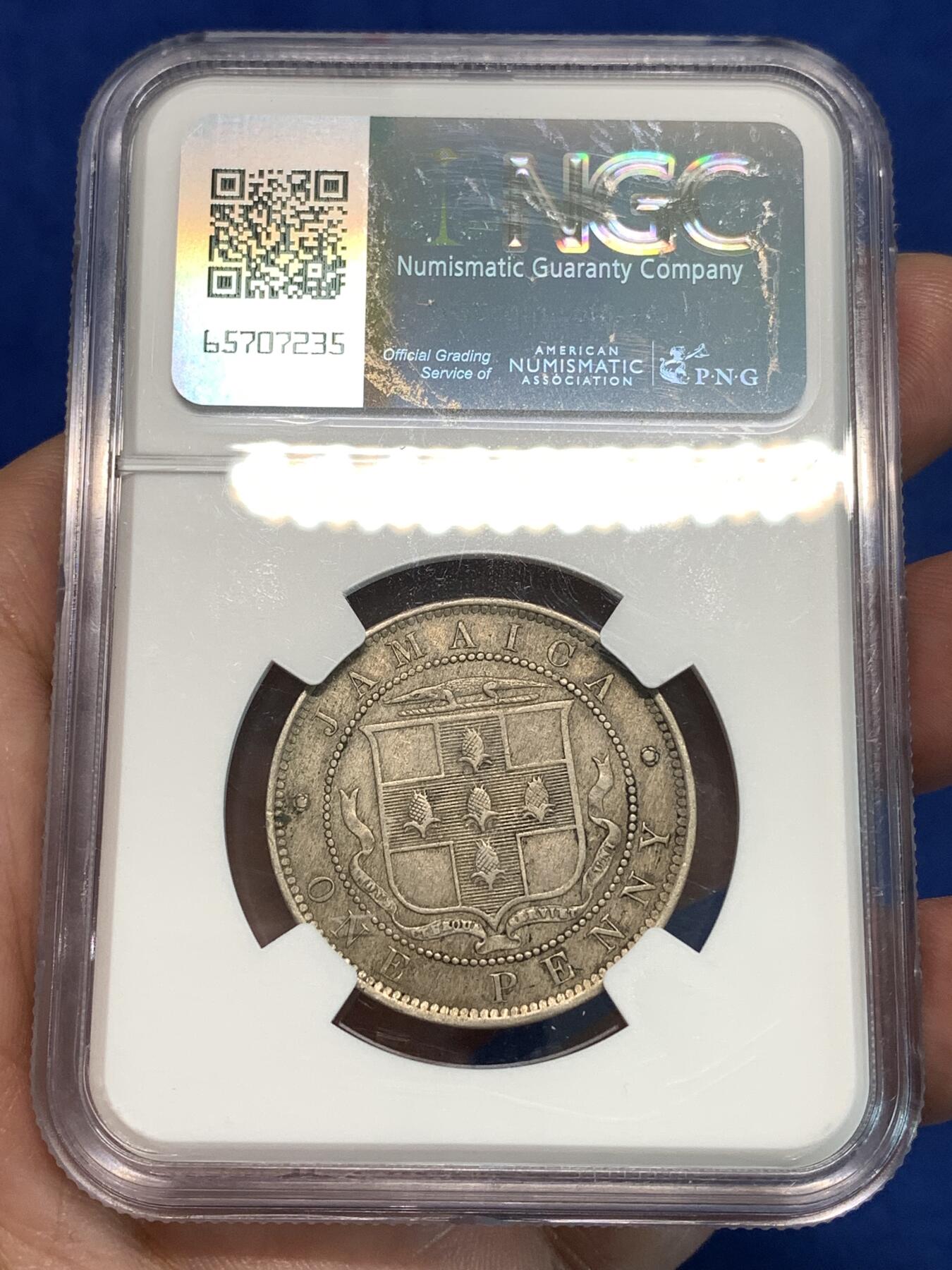 《竞宝斋》第297场- 周日，周一  2场连拍 （全场包邮） NGC AU55 1880年英国英属牙买加1便士最大面值镍币维多利亚女王头像1便士评级币 不多见