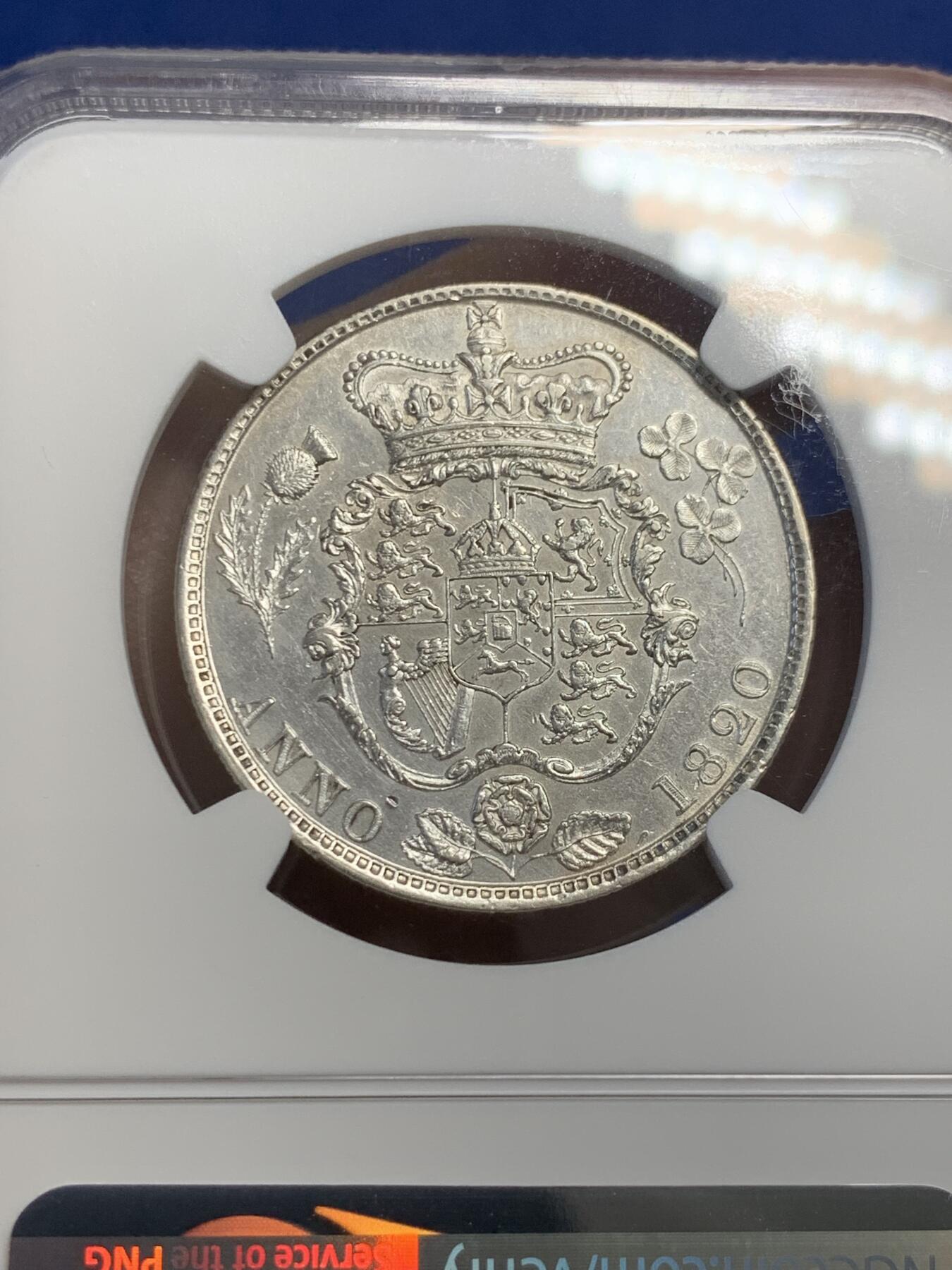 《竞宝斋》第297场- 周日，周一  2场连拍 （全场包邮） NGC UNC 1820年英国乔治四世半克朗银币 两面细节保留清晰 状态不错