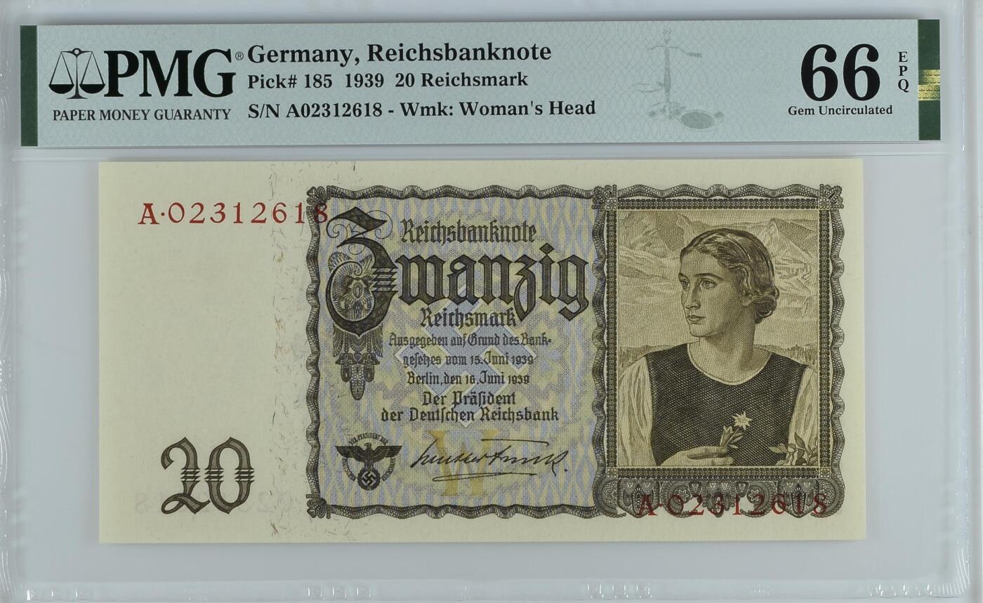 收藏联盟Quantum Auction 第368期拍卖  德国1939年100马克首发A冠 PMG67 号码无457