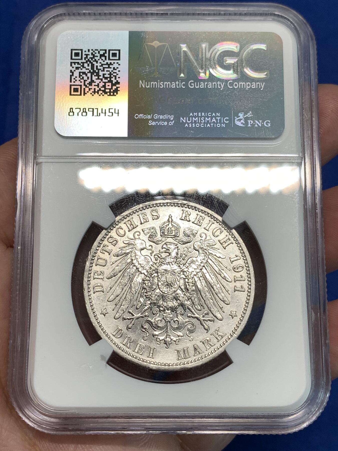 《竞宝斋》第297场- 周日，周一  2场连拍 （全场包邮） NGC XFD 德国1911年A版普鲁士威廉二世3马克
