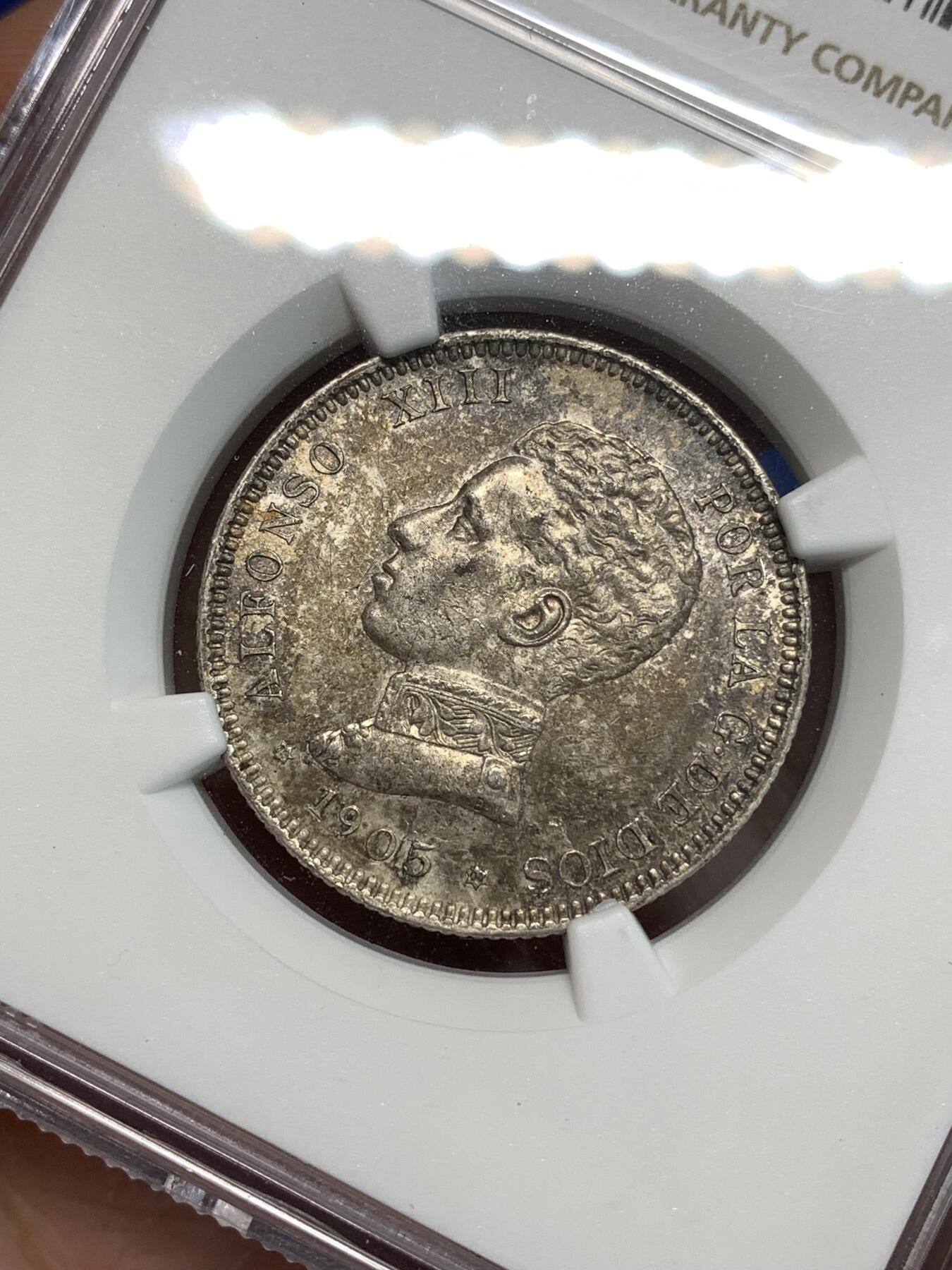 《竞宝斋》第297场- 周日，周一  2场连拍 （全场包邮） NGC MS63 西班牙1905阿方索十三世2比塞塔银币