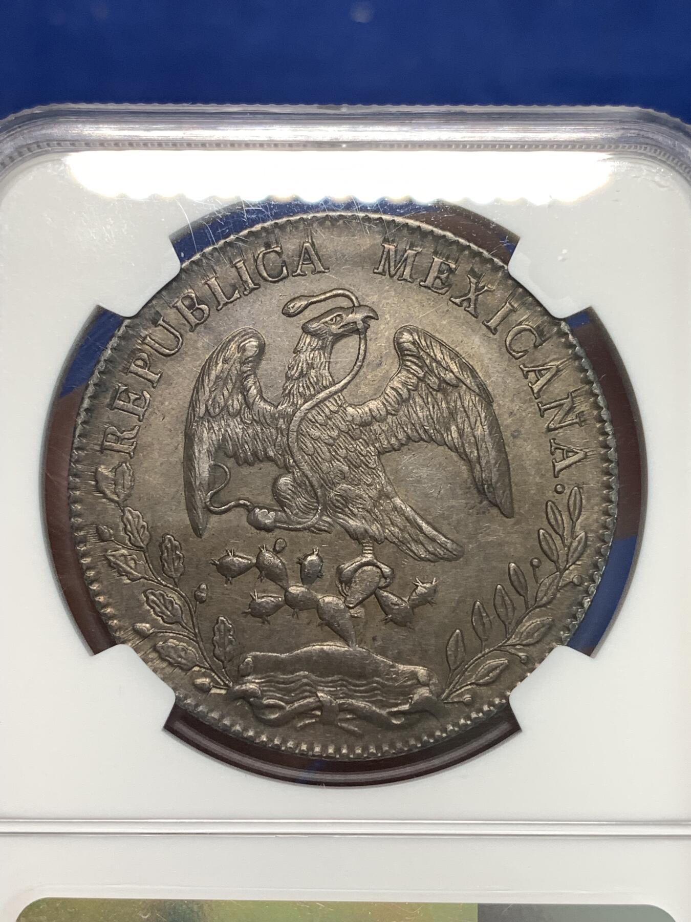 《竞宝斋》第297场- 周日，周一  2场连拍 （全场包邮） NGC AUD 1896年墨西哥鹰洋银币 五彩炫黑老包浆，味道极好，NGC错杀，厂标也很少见