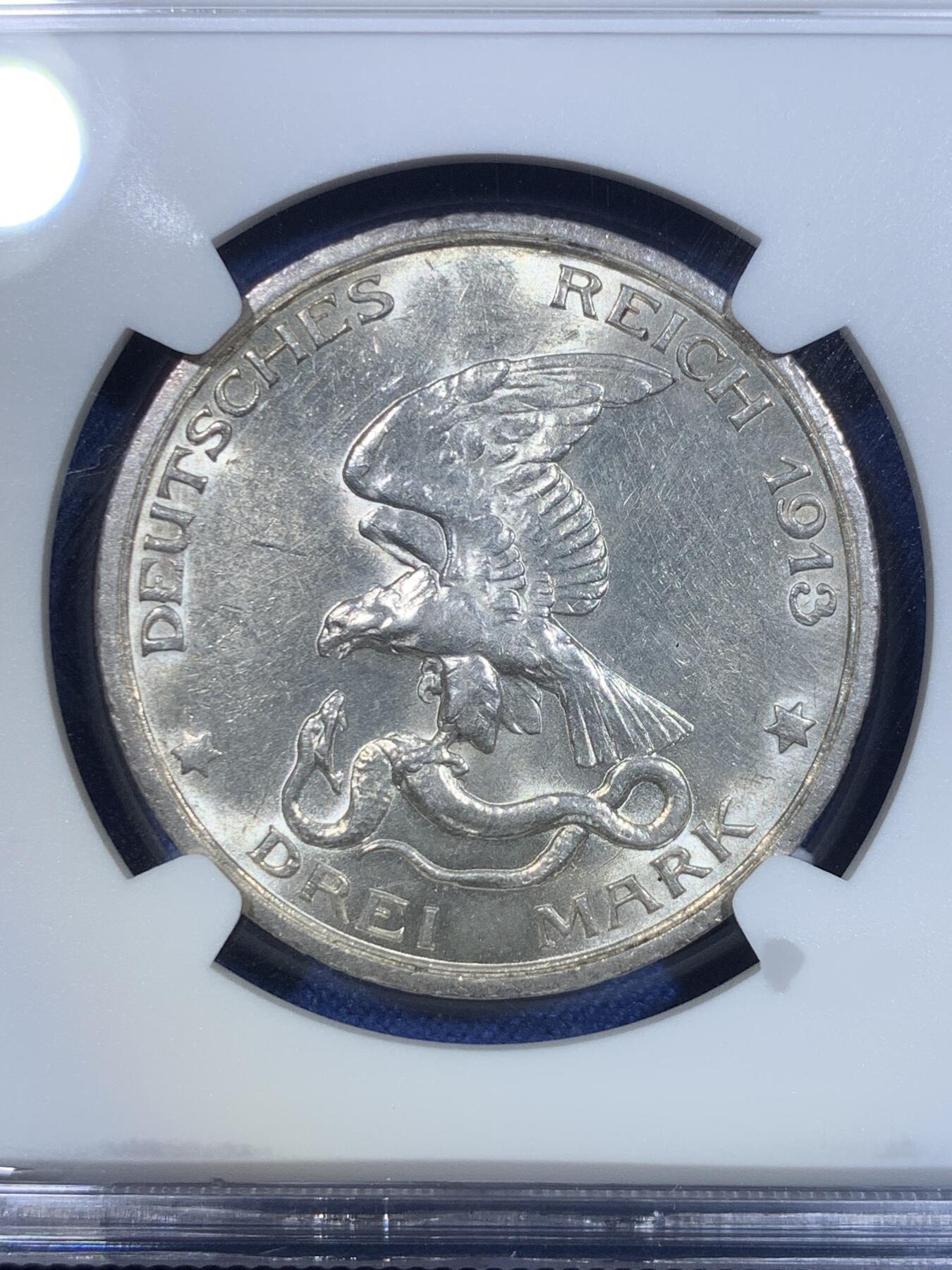 《竞宝斋》第297场- 周日，周一  2场连拍 （全场包邮） NGC MS62 德国1913年普鲁士战胜拿破仑一百周年纪念3马克银币