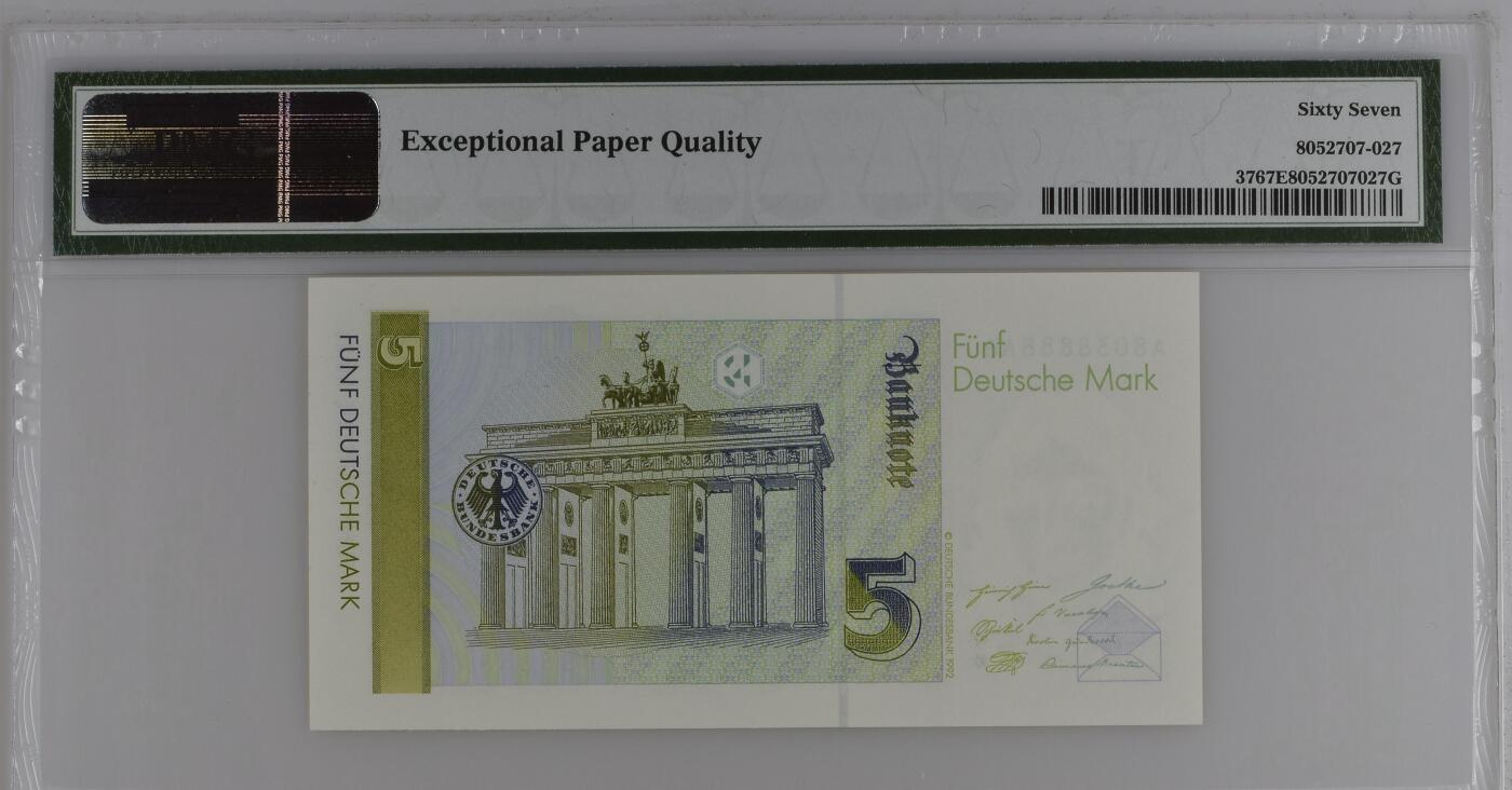 收藏联盟Quantum Auction 第368期拍卖  德国1991年5马克AA冠狮子号8888 PMG67 作家 阿尼姆
