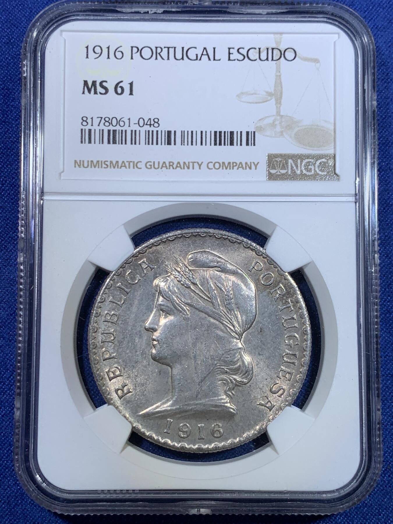 《竞宝斋》第297场- 周日，周一  2场连拍 （全场包邮） NGC MS61 葡萄牙1916年自由女神1埃斯库多大银