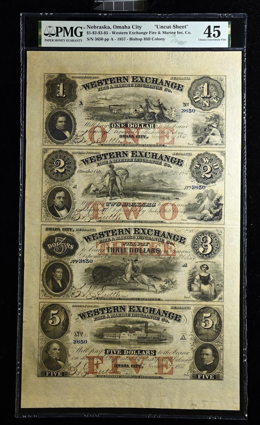 【Blue Auction】✨世界纸币精拍第526期【精】 美国 内布拉斯卡州 1857年1-2-3-5美金 四连体钞 印第安人 设计精美 超大票幅 PMG45