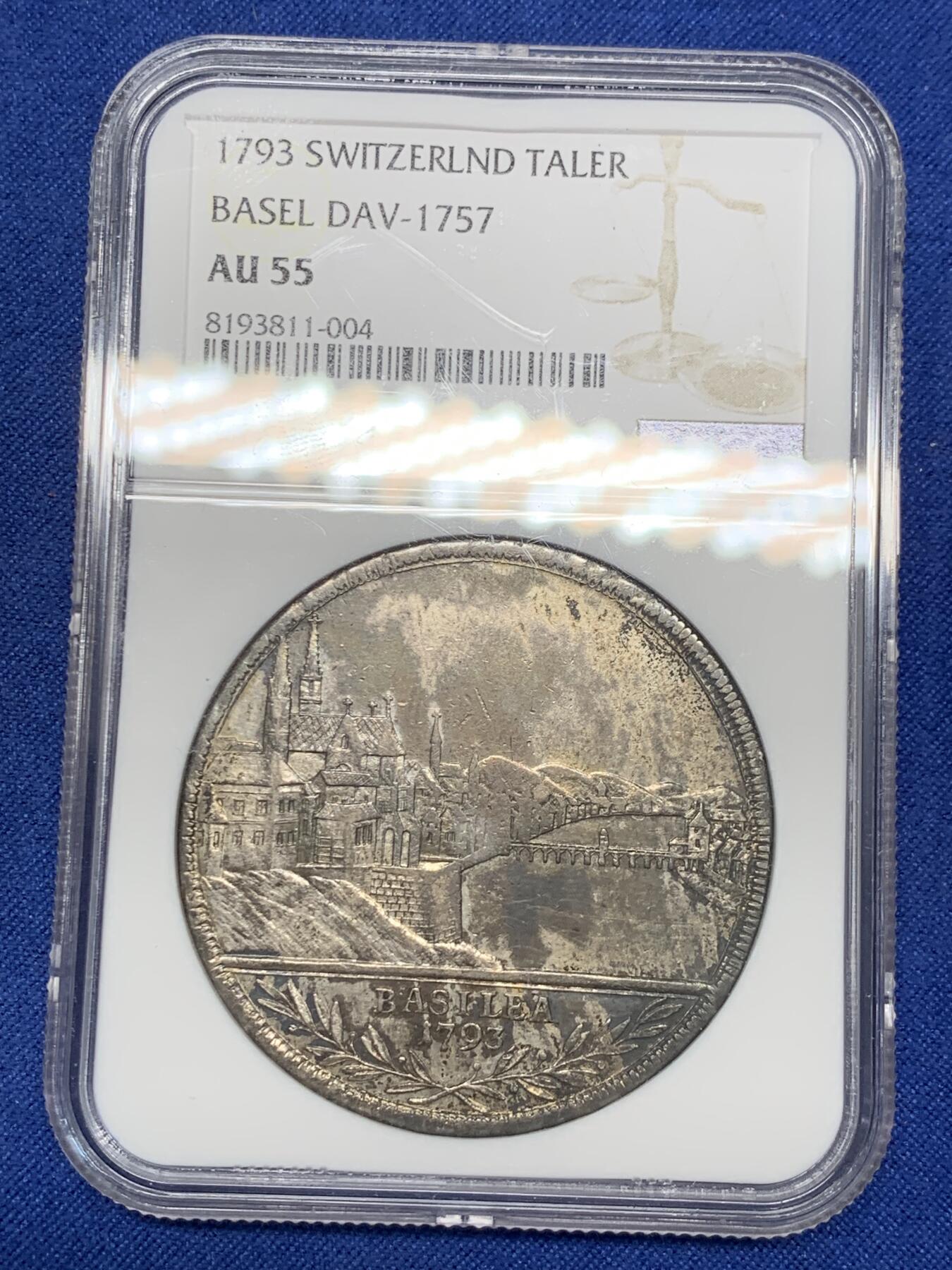 《竞宝斋》第297场- 周日，周一  2场连拍 （全场包邮） NGC AU55 瑞士 1793 巴塞尔 景观泰勒大银币 瑞士景观稳步上涨品种 打制好的不多见 低评