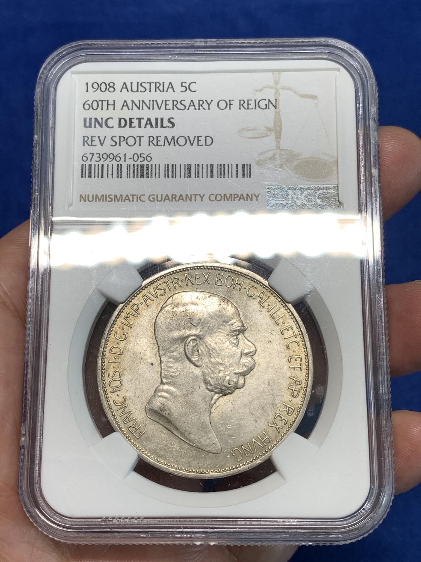《竞宝斋》第297场- 周日，周一  2场连拍 （全场包邮） NGC UNCD 奥地利 1908年 5CORONA  银币 弗朗茨·约瑟夫一世统治60周年 未流通 车轮光 好品难得