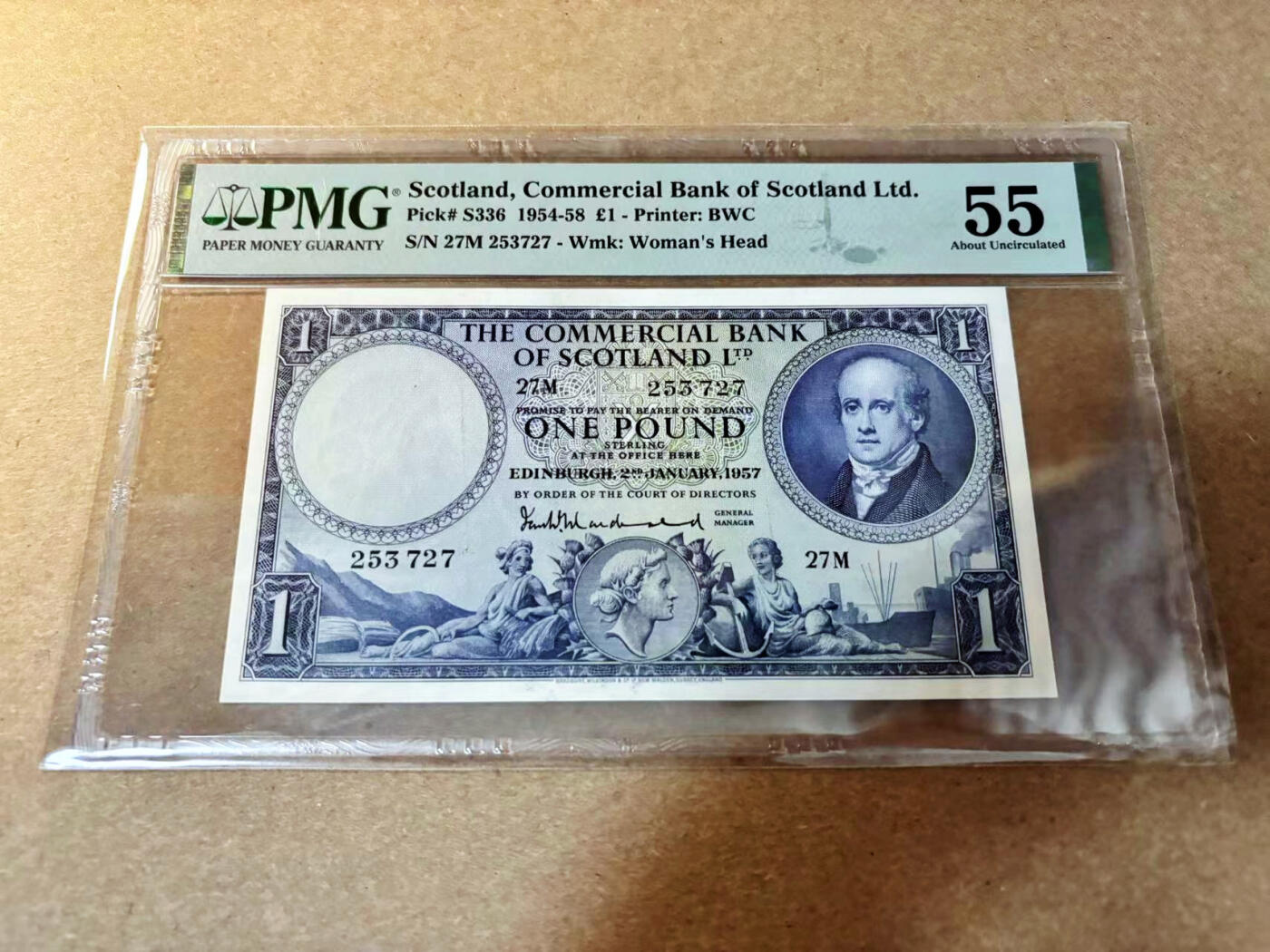 【Blue Auction】✨世界纸币精拍第526期【精】 苏格兰 1957年1镑 PMG55  BWC双面雕刻精美 