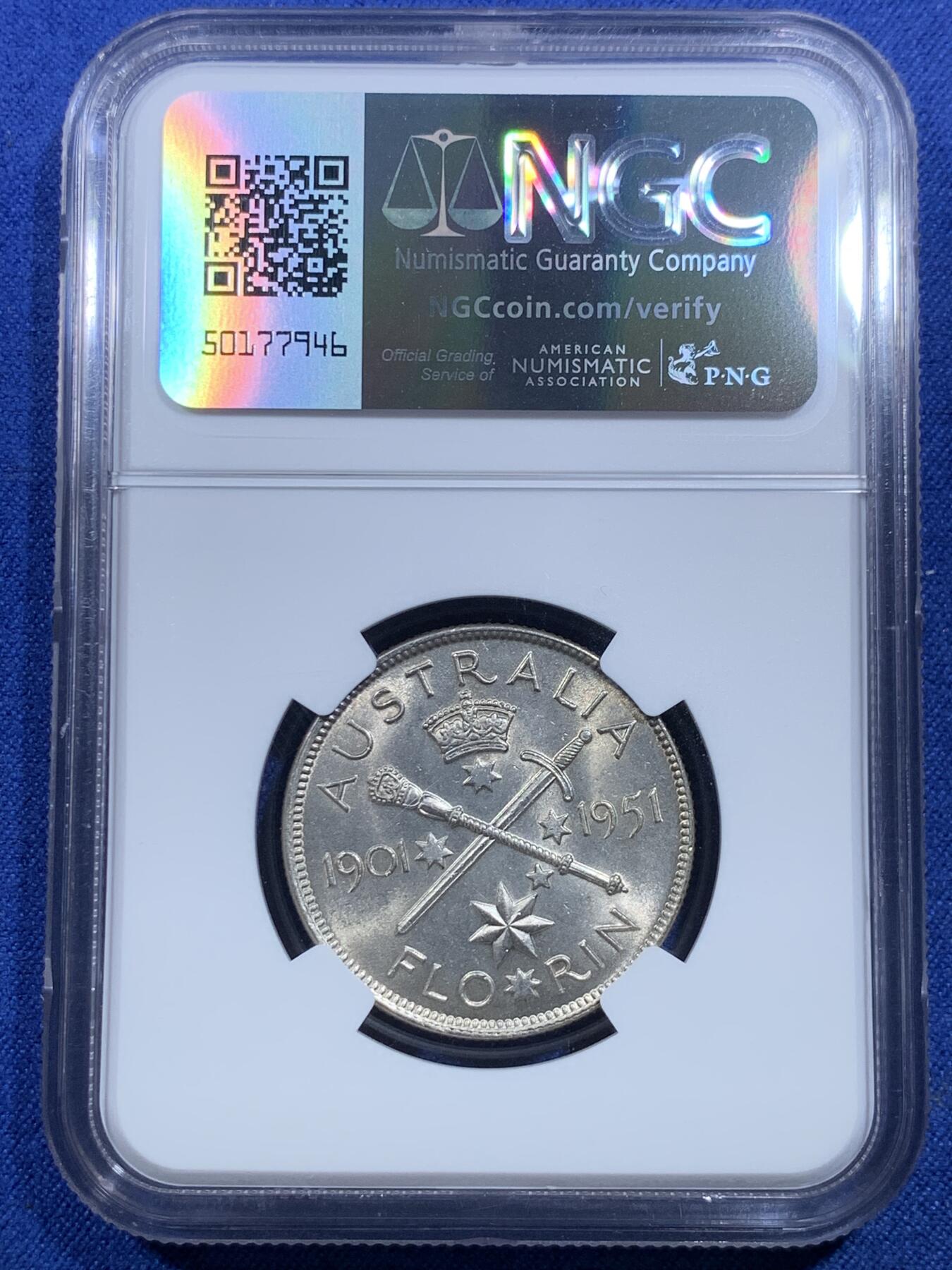 《竞宝斋》第297场- 周日，周一  2场连拍 （全场包邮） NGC MS64 1951澳大利亚1弗洛林（2先令）银币