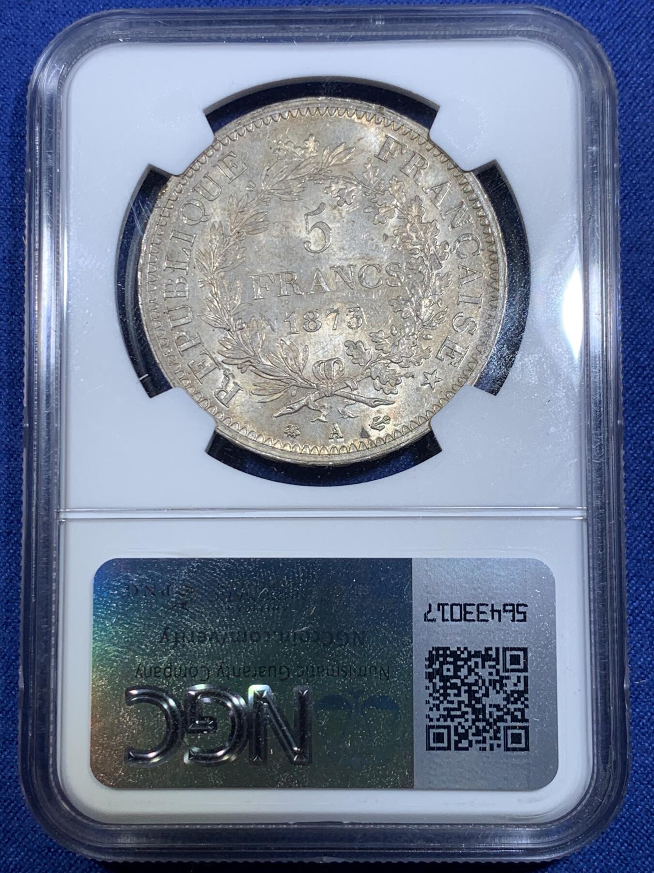 《竞宝斋》第297场- 周日，周一  2场连拍 （全场包邮） NGC MS64 法国1873A大力神5法郎银币淡金彩