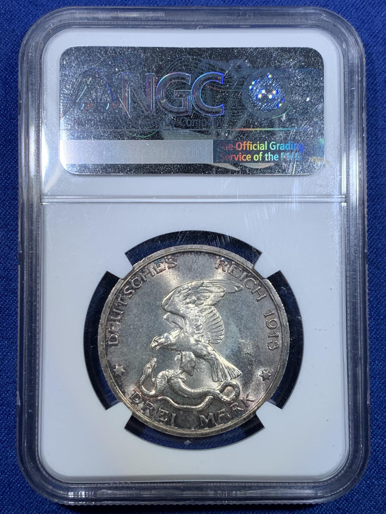 《竞宝斋》第297场- 周日，周一  2场连拍 （全场包邮） NGC MS61 德国1913普鲁士战胜拿破仑3马克 五彩包浆好品相