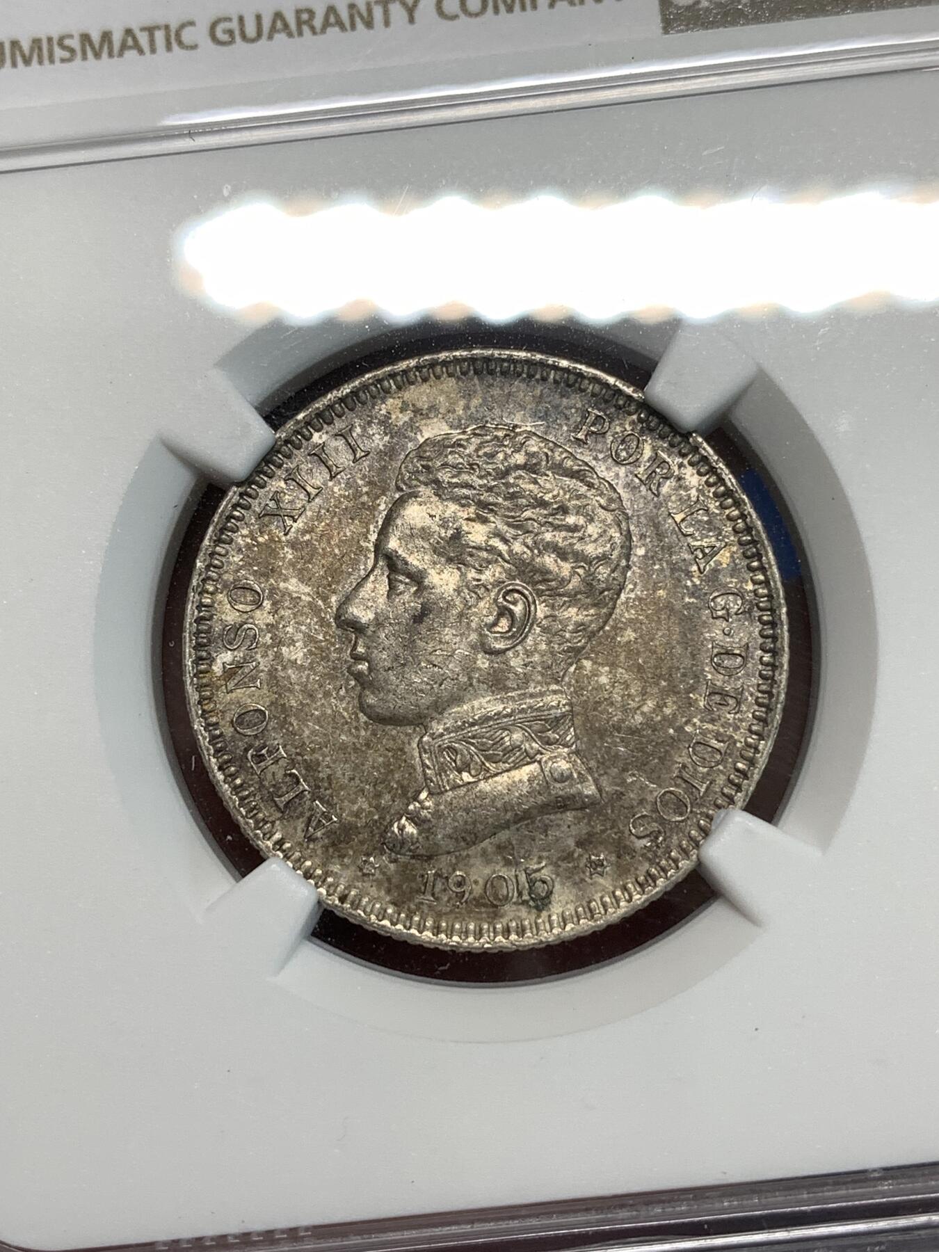 《竞宝斋》第297场- 周日，周一  2场连拍 （全场包邮） NGC MS63 西班牙1905阿方索十三世2比塞塔银币