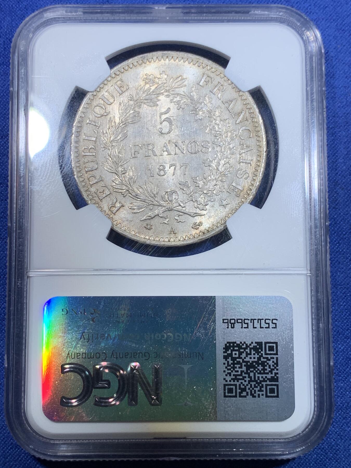 《竞宝斋》第297场- 周日，周一  2场连拍 （全场包邮） NGC MS63 法国1877年大力神5法郎银币 原光好品 不多见的年份