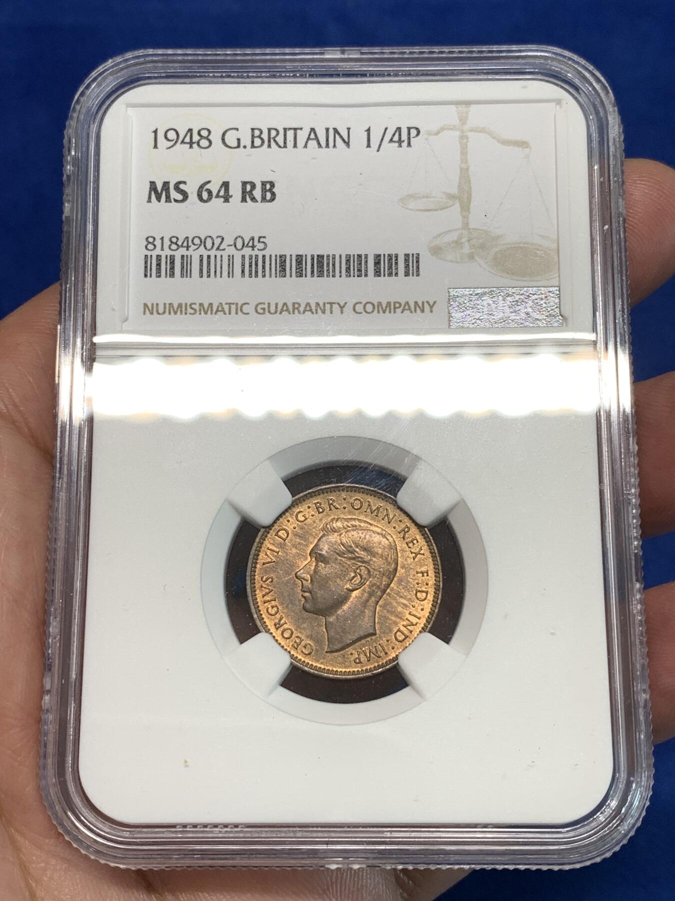 《竞宝斋》第297场- 周日，周一  2场连拍 （全场包邮） NGC MS64RB 英国1948年乔六1/4便士小鸟铜币