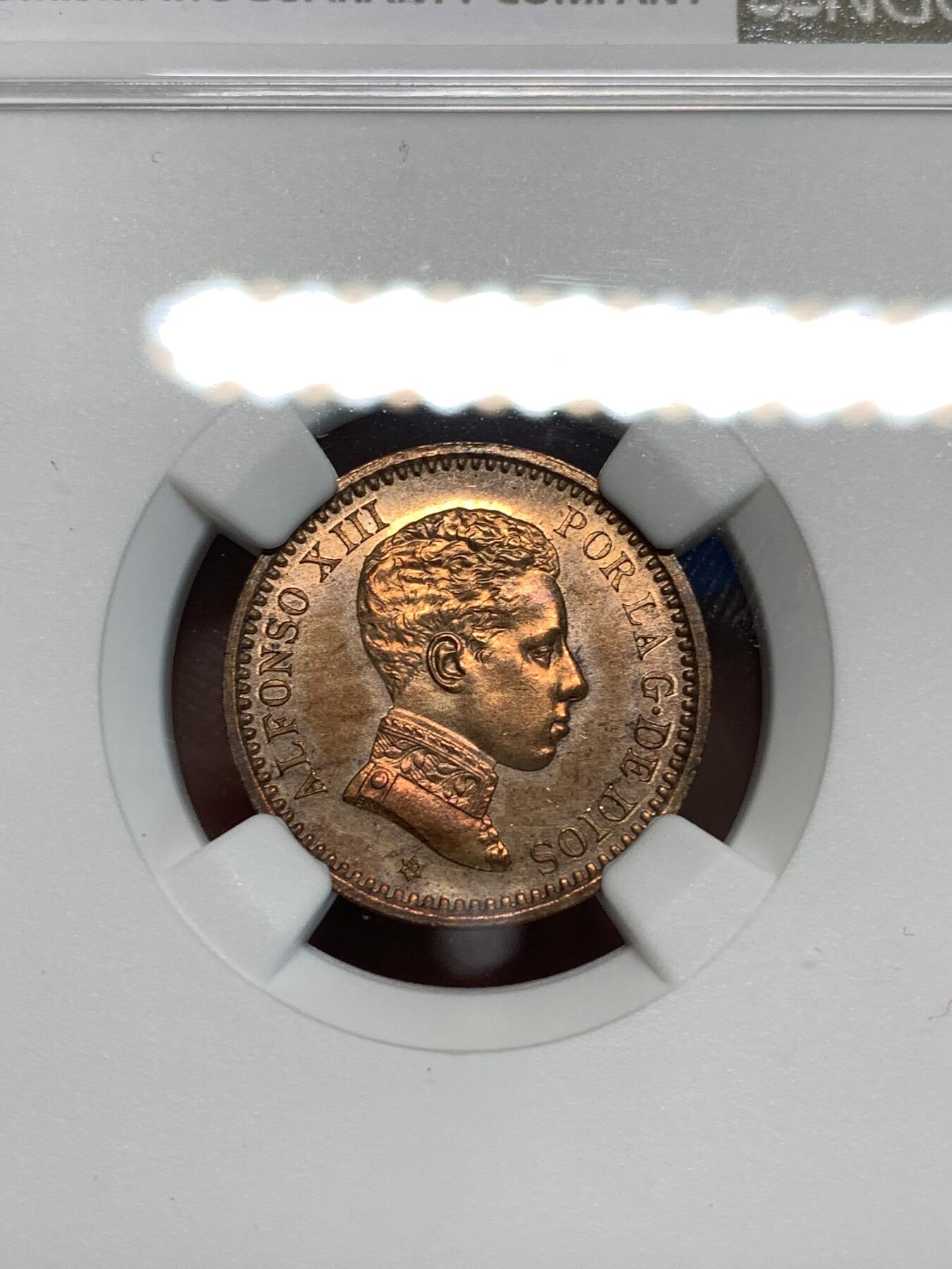 《竞宝斋》第297场- 周日，周一  2场连拍 （全场包邮） NGC UNCD 西班牙1905阿方索十三世 2c铜币