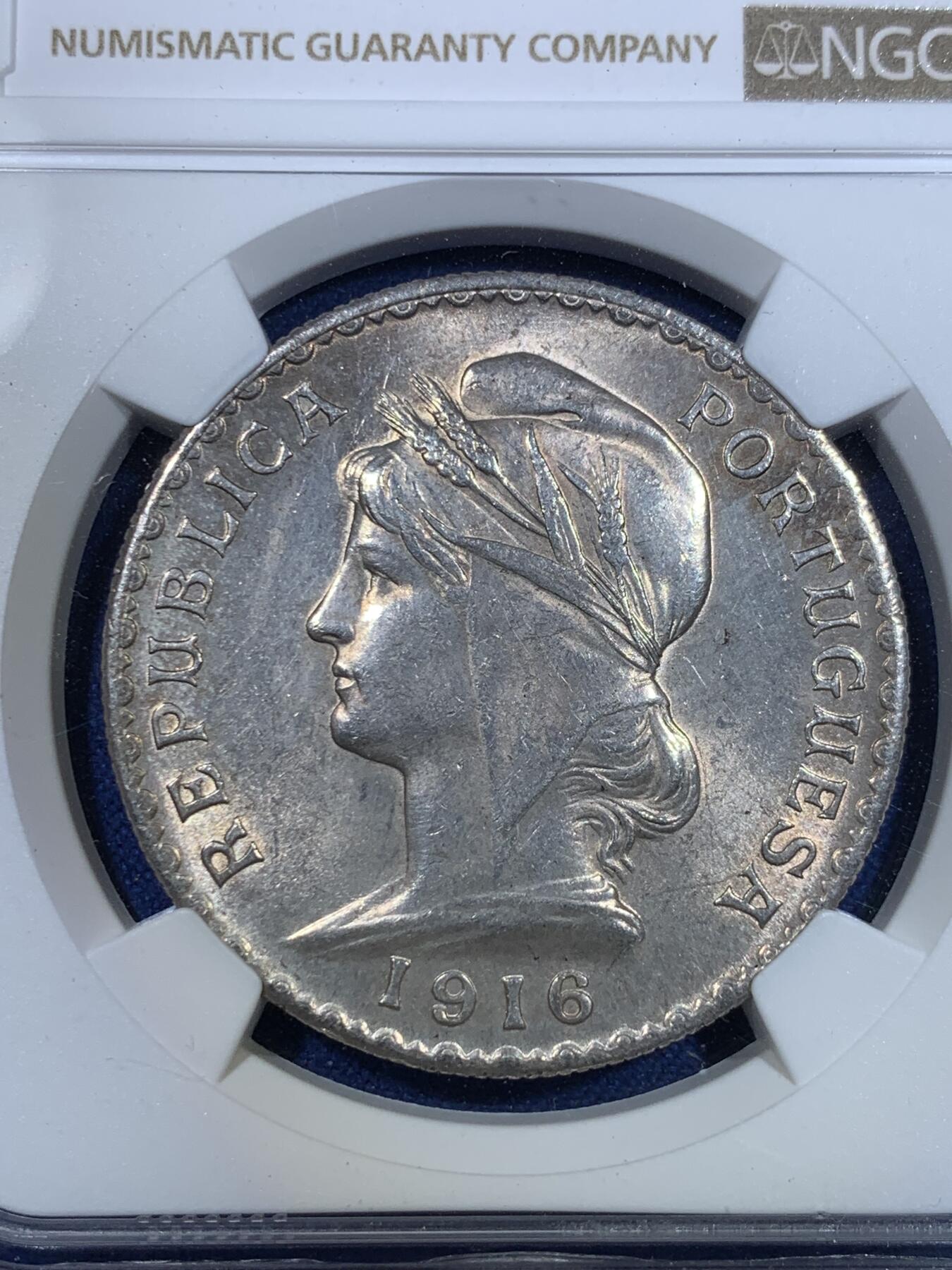 《竞宝斋》第297场- 周日，周一  2场连拍 （全场包邮） NGC MS61 葡萄牙1916年自由女神1埃斯库多大银