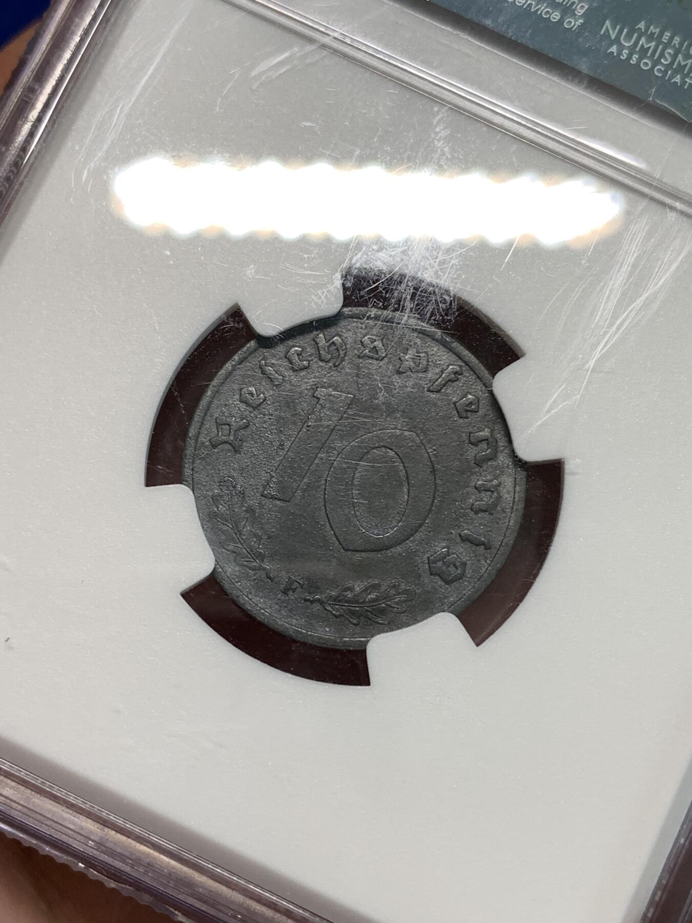 《竞宝斋》第297场- 周日，周一  2场连拍 （全场包邮） NGC AUD 德国盟军占领时期1948年F厂铅锌币拔毛鹰