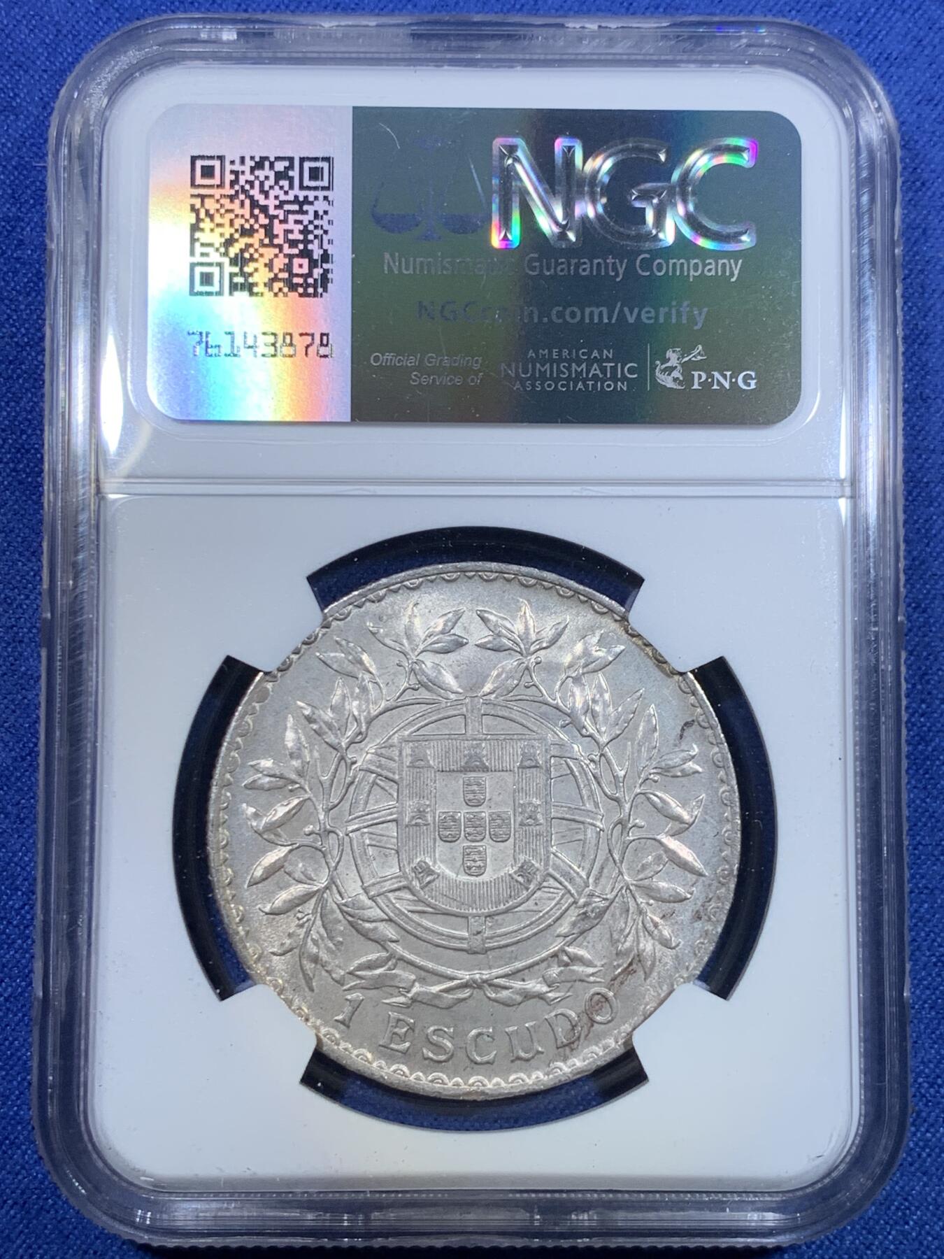 《竞宝斋》第297场- 周日，周一  2场连拍 （全场包邮） NGC MS61 葡萄牙1916年自由女神1埃斯库多大银
