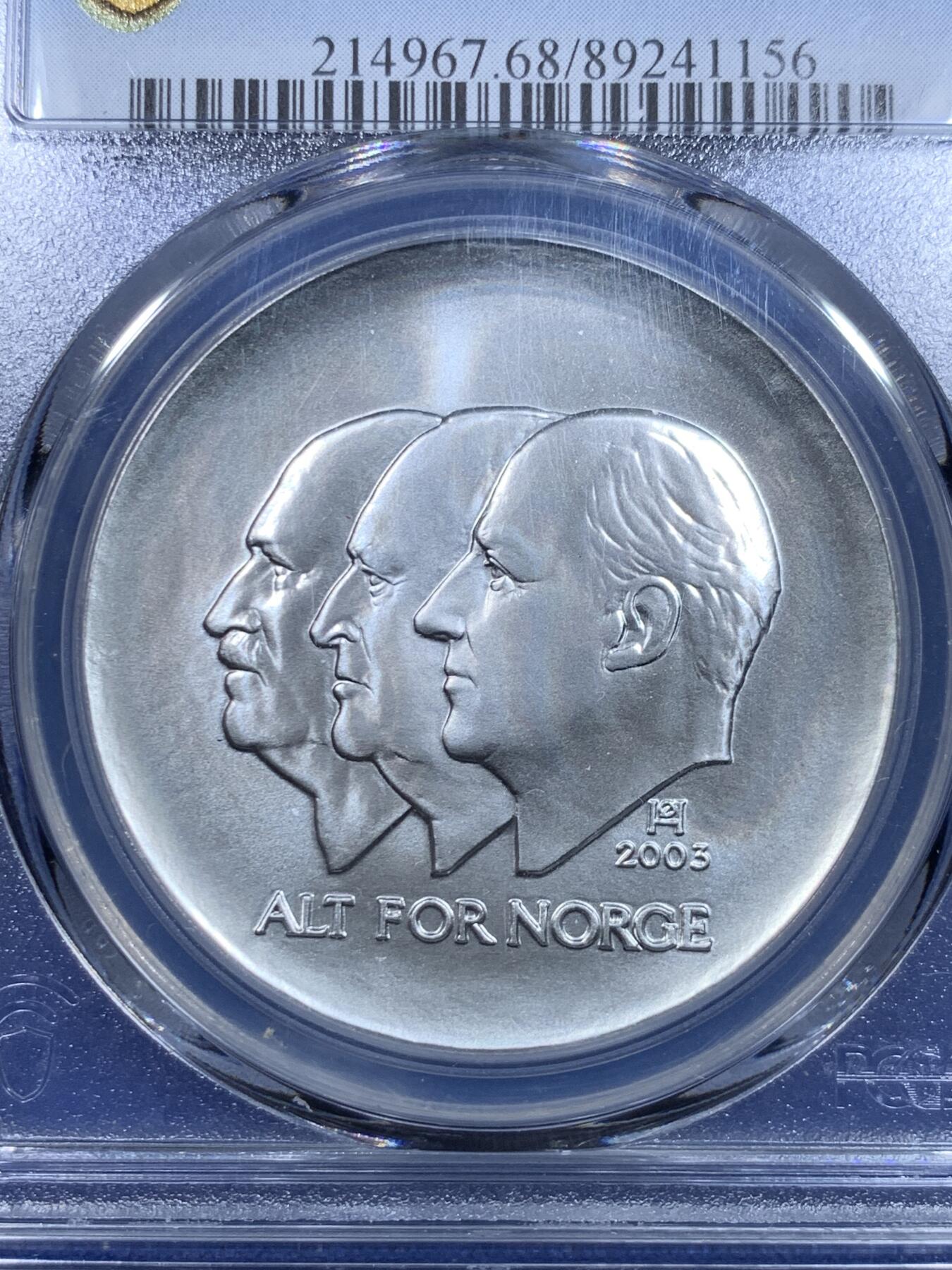 《竞宝斋》第297场- 周日，周一  2场连拍 （全场包邮） PCGS PR68DCAM 2003年 挪威 100克朗 1905年独立纪念 更高评级数量：1枚 银0.925 33.8克