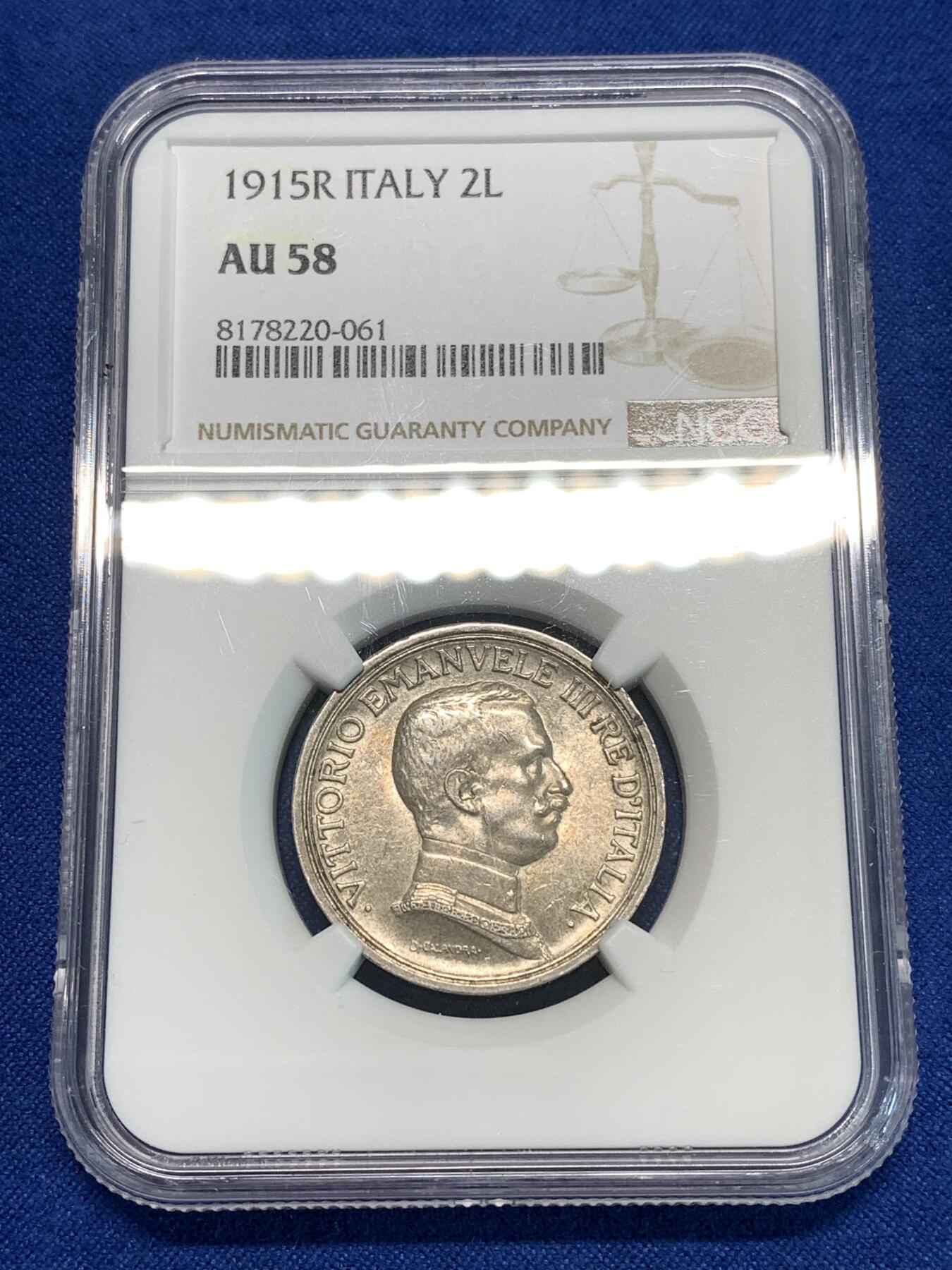 《竞宝斋》第297场- 周日，周一  2场连拍 （全场包邮） NGC AU58 意大利1915年马车2里拉银币