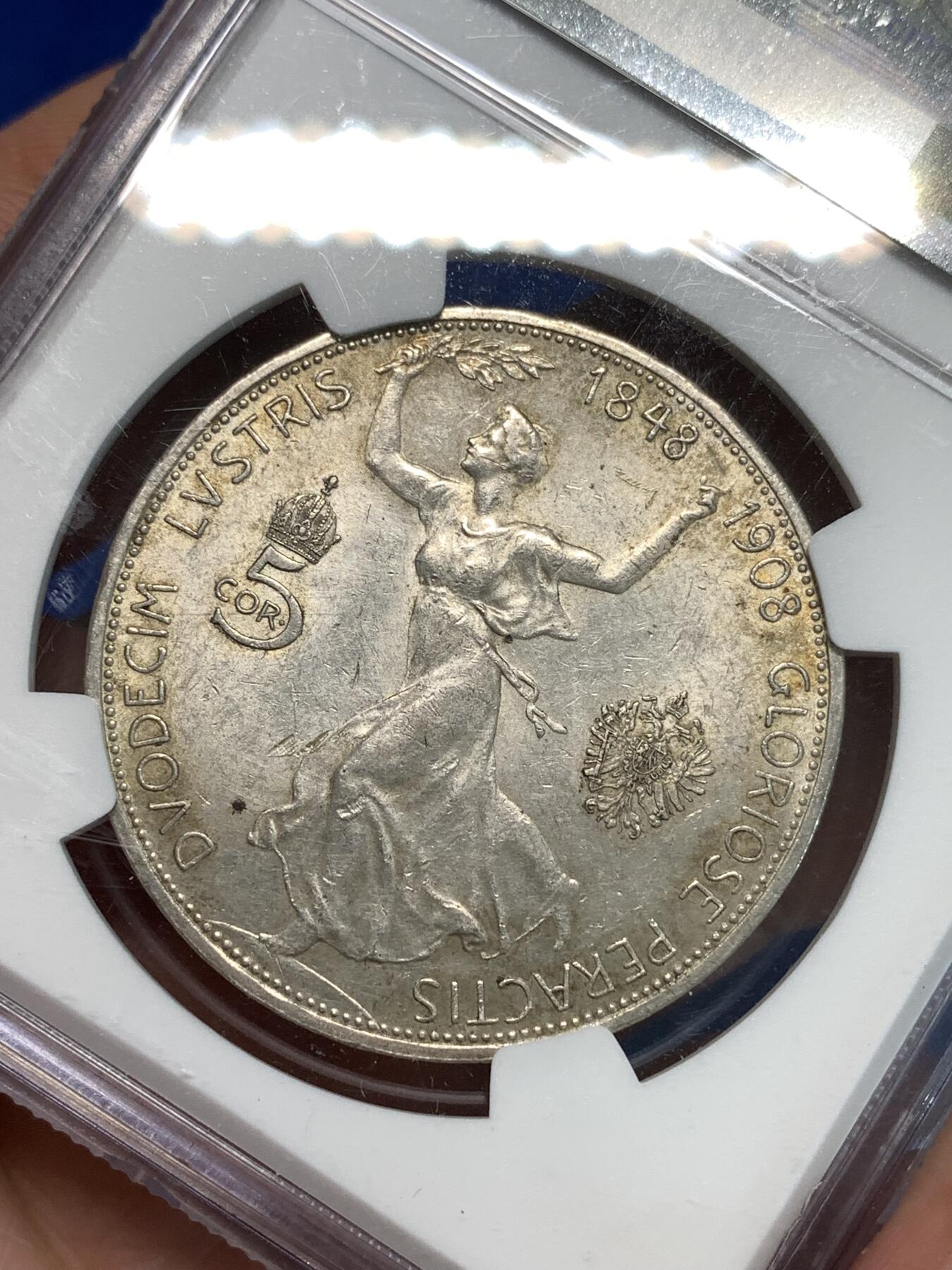 《竞宝斋》第297场- 周日，周一  2场连拍 （全场包邮） NGC UNCD 奥地利 1908年 5CORONA  银币 弗朗茨·约瑟夫一世统治60周年 未流通 车轮光 好品难得