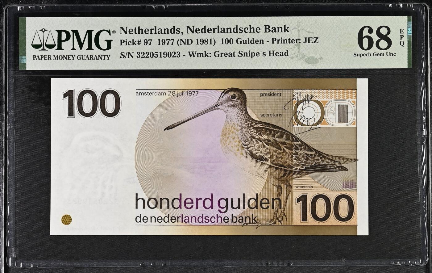 收藏联盟Quantum Auction 第368期拍卖  荷兰1977 (ND 1981)年100盾 PMG68 全程无47 水鸟