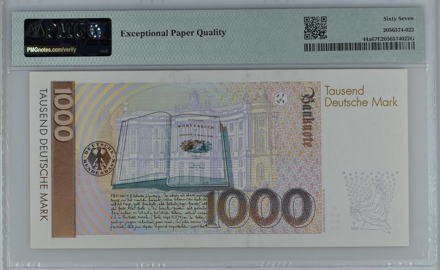 收藏联盟Quantum Auction 第368期拍卖  德国联邦1991年1000马克AA冠 PMG67 号码无47 童话大师 格林兄弟