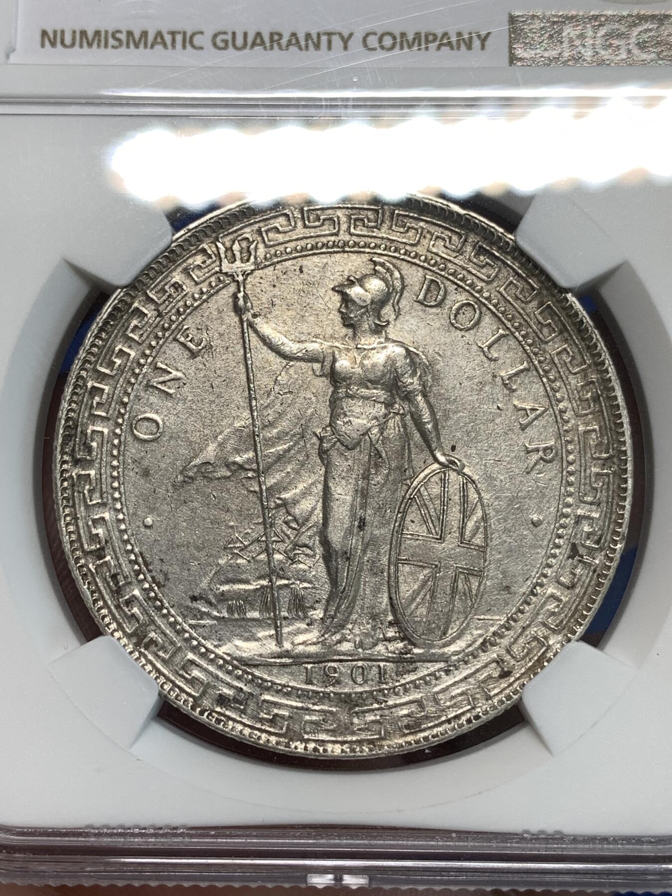 《竞宝斋》第297场- 周日，周一  2场连拍 （全场包邮） NGC AUD 1901年C版站洋壹圆银币 少见版别 背面部分透打