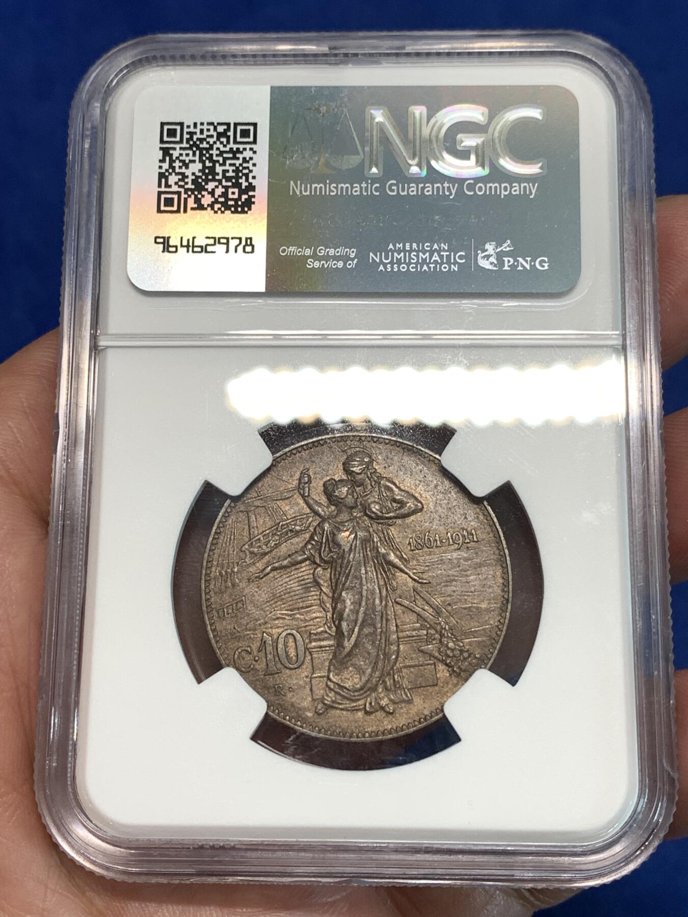 《竞宝斋》第297场- 周日，周一  2场连拍 （全场包邮） NGC AU58BN 1911意大利王国纪念托奶10分热门品种高性价比疑似低评！